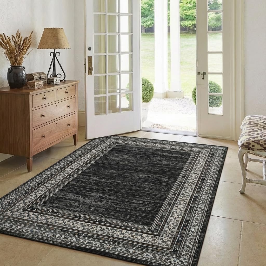 Modern Solid Area Rug 5x7 Washable Non Slip Neutral Rugs for Living Room, Non-Shedding Stain Resistant Bordered Throw Carpet, Neutral Foldable Floor Rugs for Bedroom Dining Table, Black