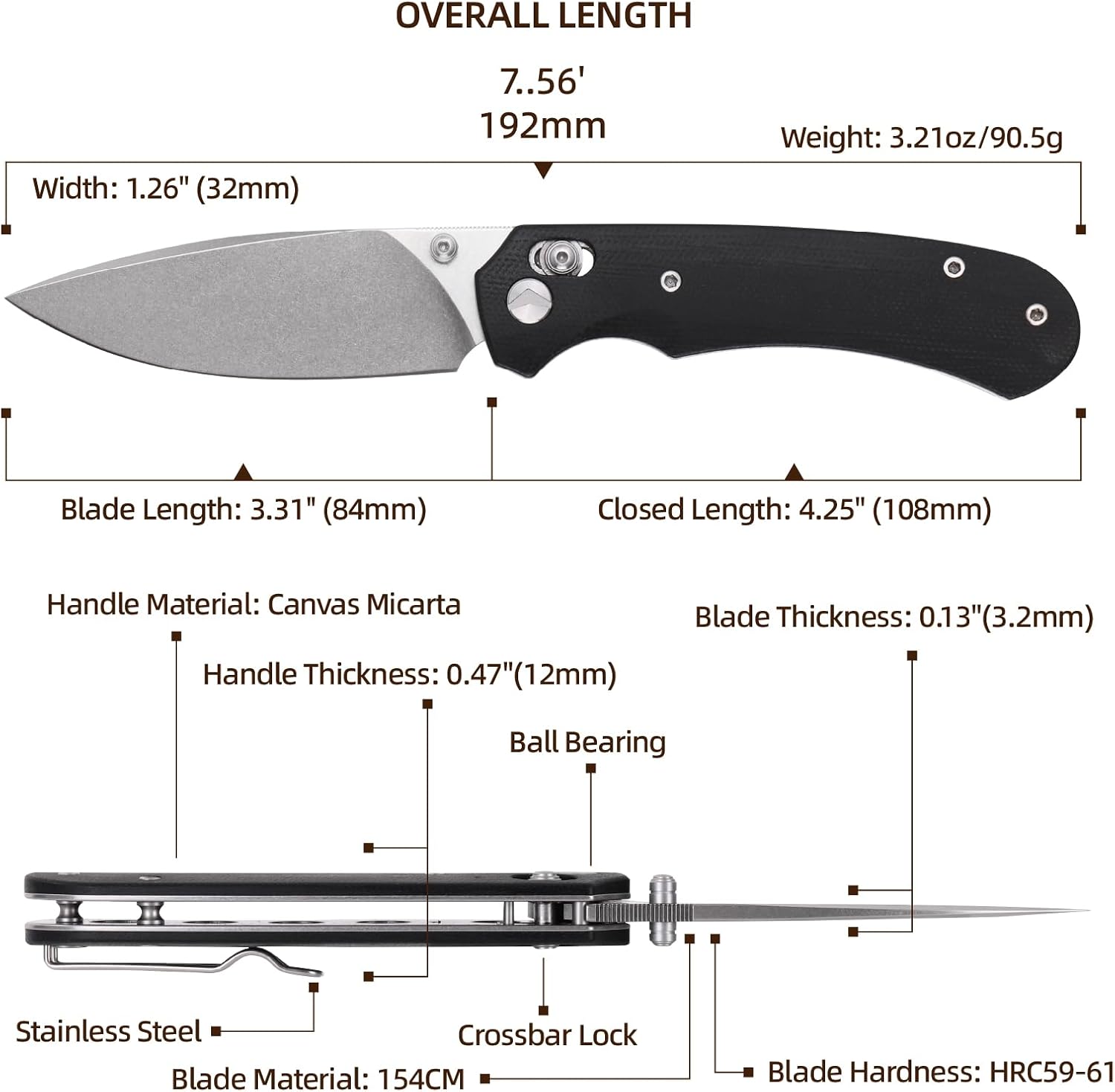Folding Pocket Knife, 3.31'' 154CM Blade EDC Knife, Erogonomic Canvas Micarta Handle, Pocket Knives for Men, Hunting, Hiking, Survival Knives (Black)