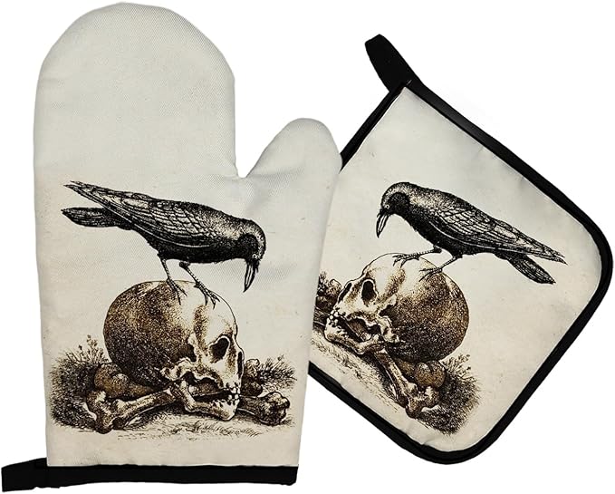 Mingnei Raven Skull Halloween Oven Mitts and Pot Holders Sets, Goth Raven Heat Resistant Potholder Kitchen Decor for Cooking Baking BBQ Grilling, Gothic Oven Glove Set, Gothic Gifts