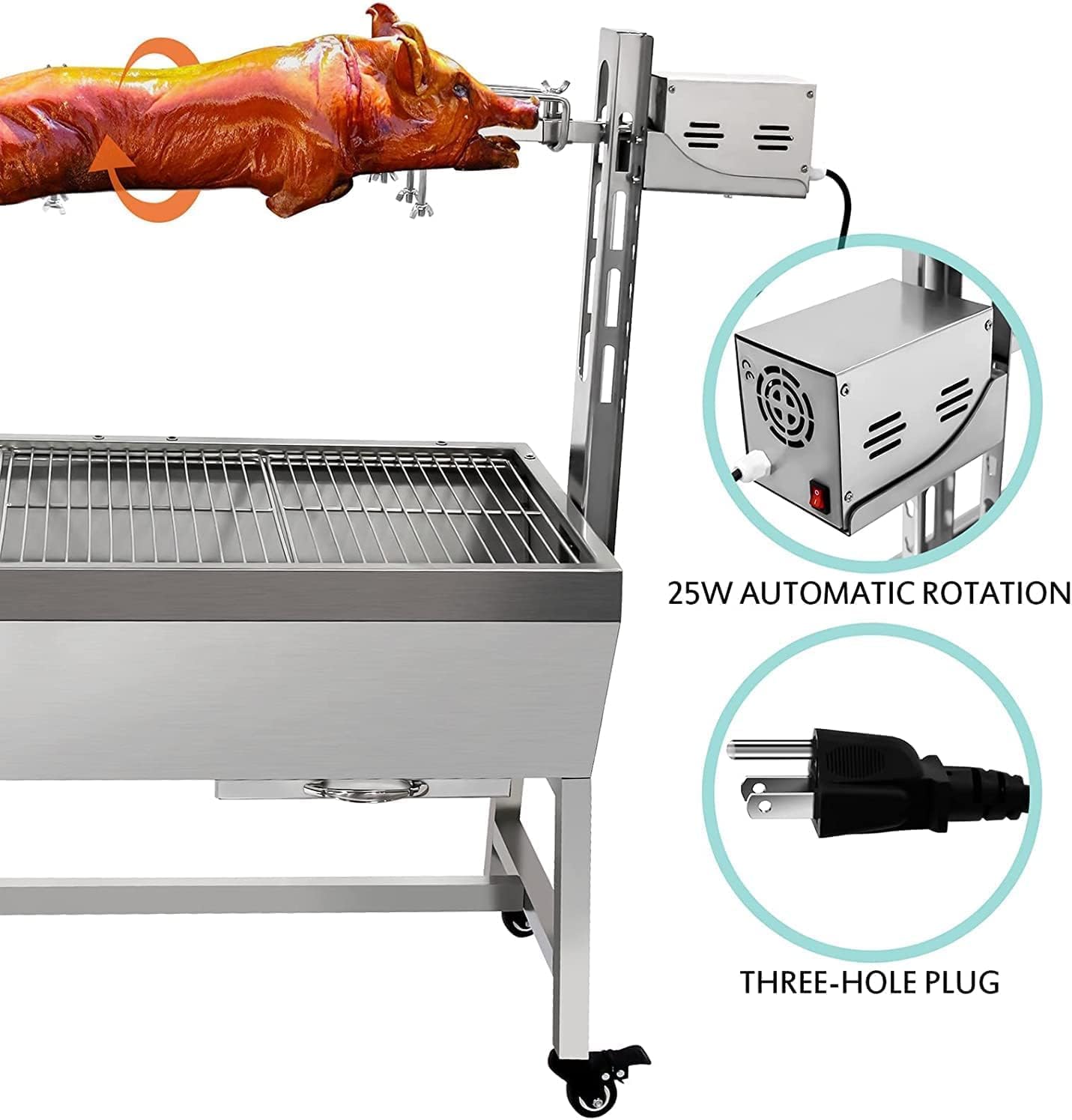 Rotisserie Grill Stainless Steel Charcoal Spit Roaster, 37" Hooded BBQ with 30W Motor & Lockable Casters,Wind Deflector Outdoor Camping