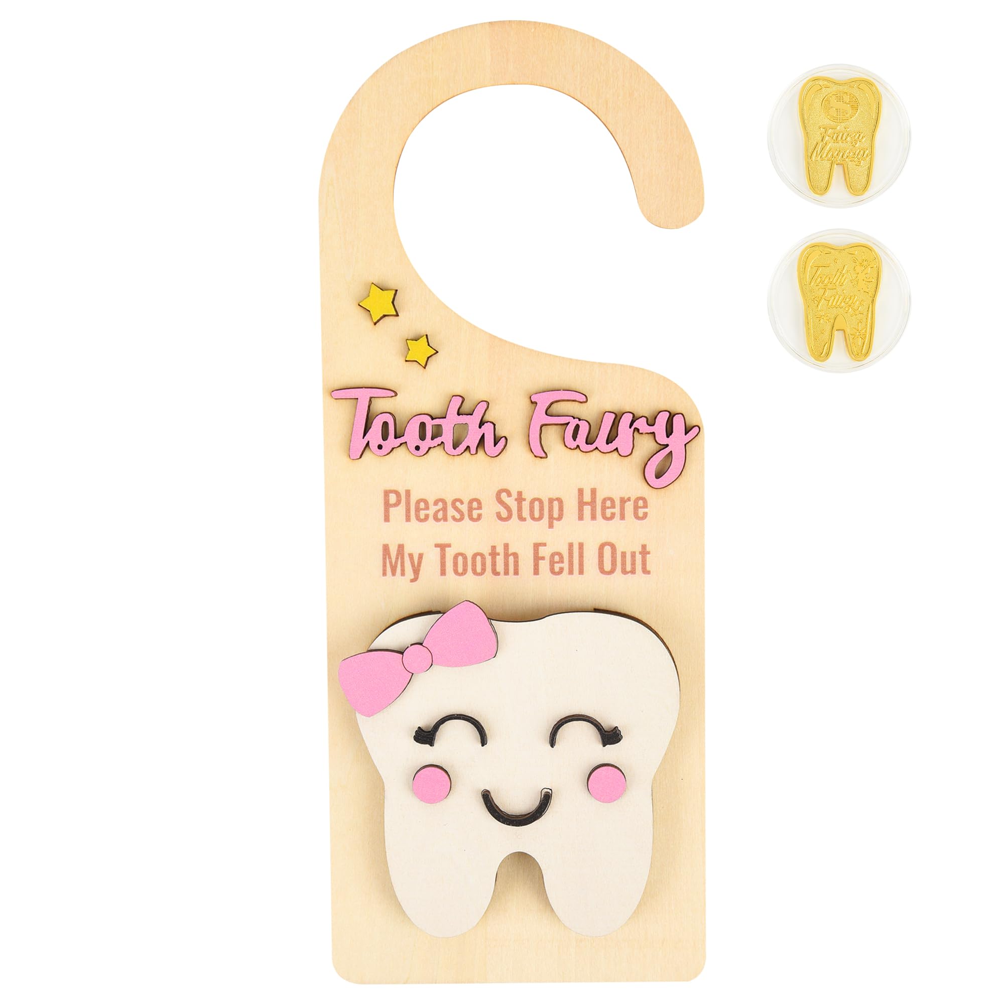Wooden Tooth Fairy Door Hanger with Cute Coins Holder Gift for Lost Teeth Kids Tooth Fairy Pick up Box for Lost Tooth Kids Gifts (Pink)