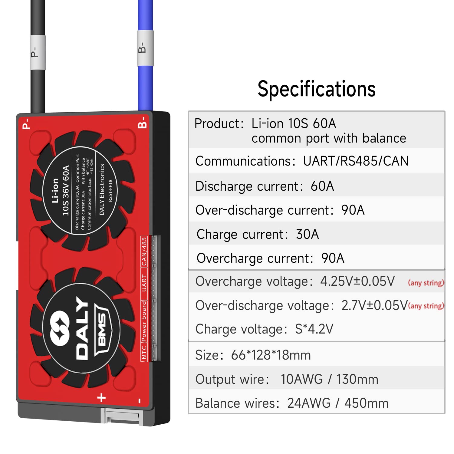 Daly Smart BMS 10S Li-Ion 36V 60A, Placa Protección Inteligente PCB para Batería de Litio con Can, 485, Bluetooth, Equilibrio, NTC