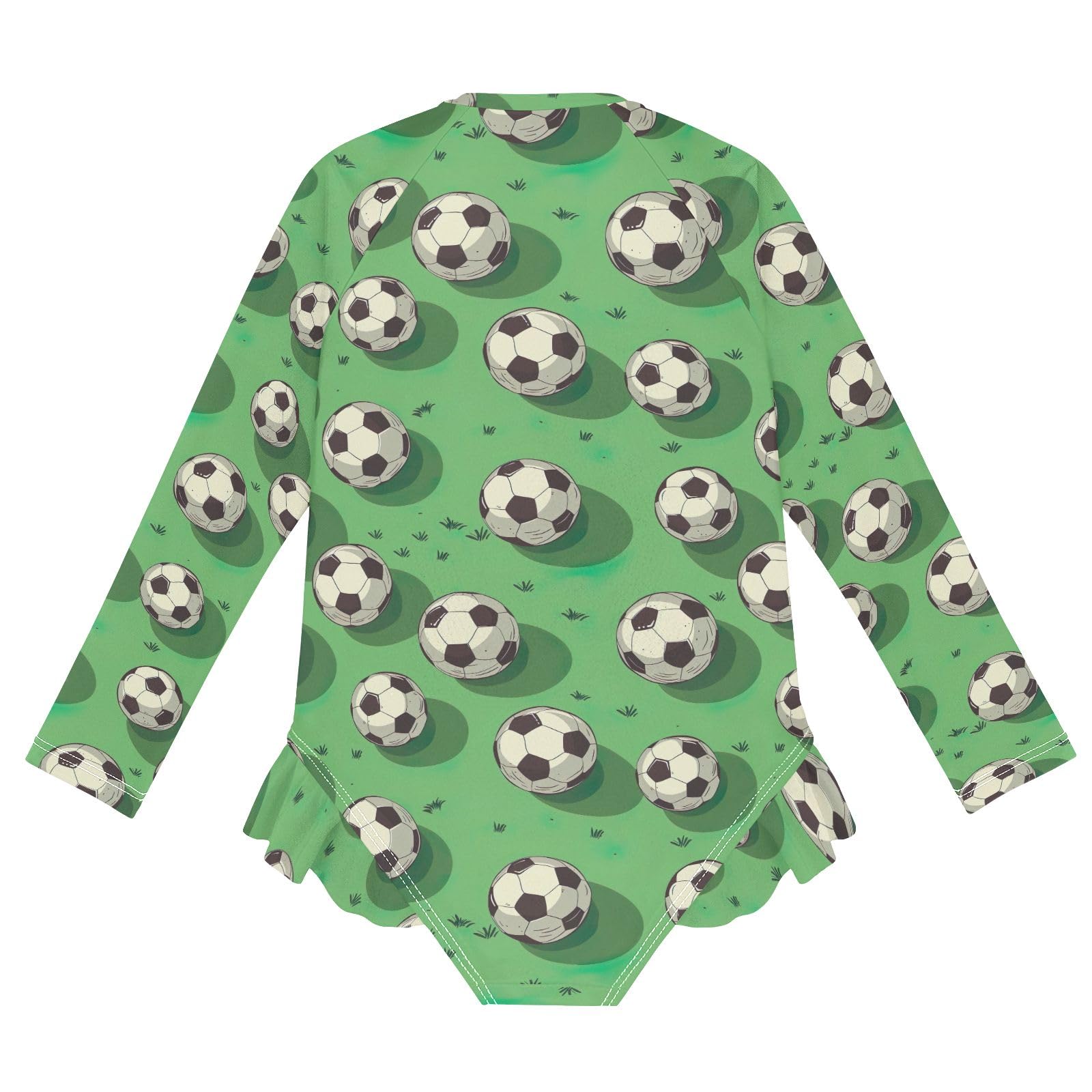 Soccer Balls Green Field Rash Guard Girls One Piece Swimsuit Long Sleeve Zipper Swimwear Bathing Suit Kids Sun Protection, Size 7-8