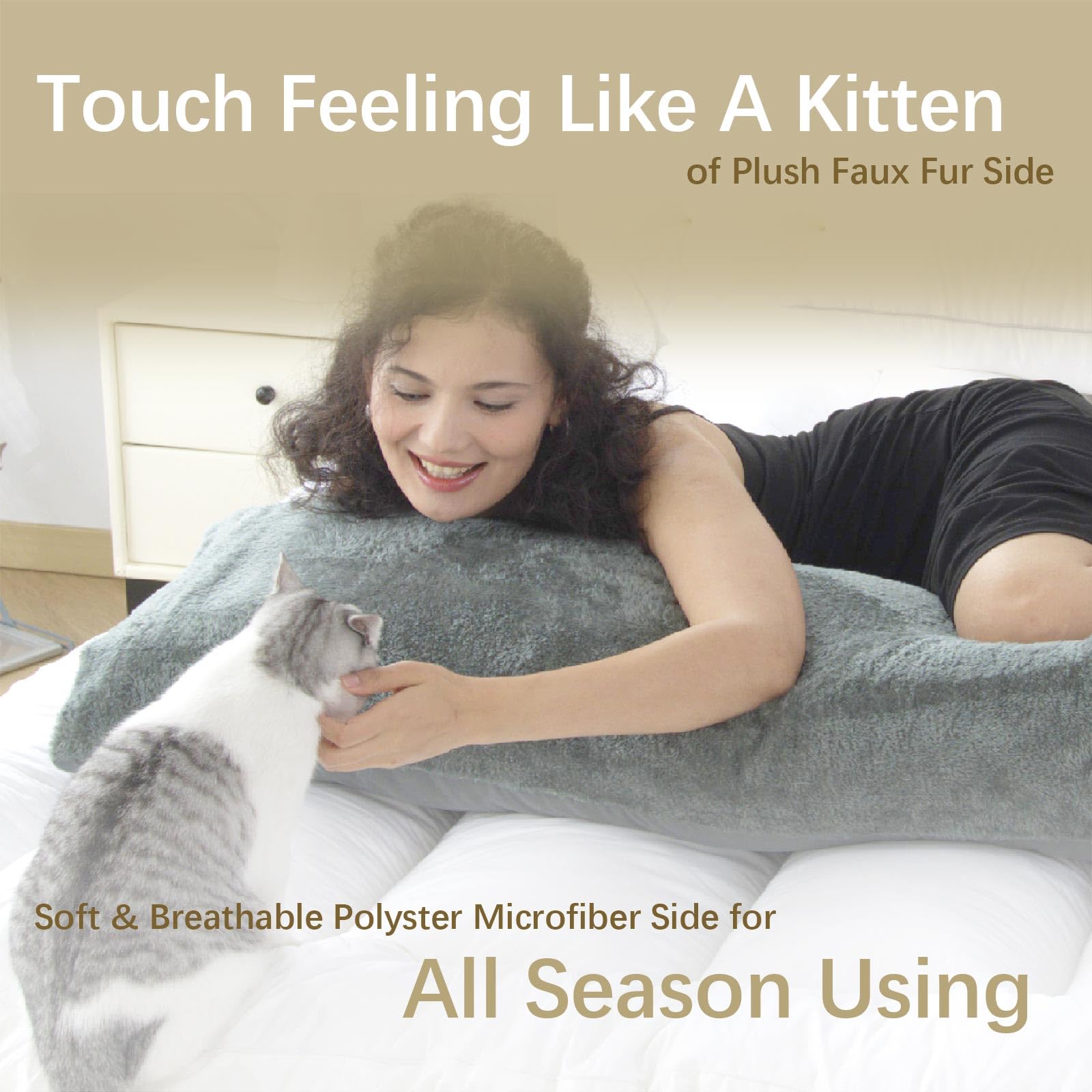 WhatsBedding Körperkissen mit zotteligem Kunstfell-Kissenbezug, langes flauschiges Plüsch-Pelz-Körperkissen, flauschiges Sherpa-Kissen für Erwachsene, Beige