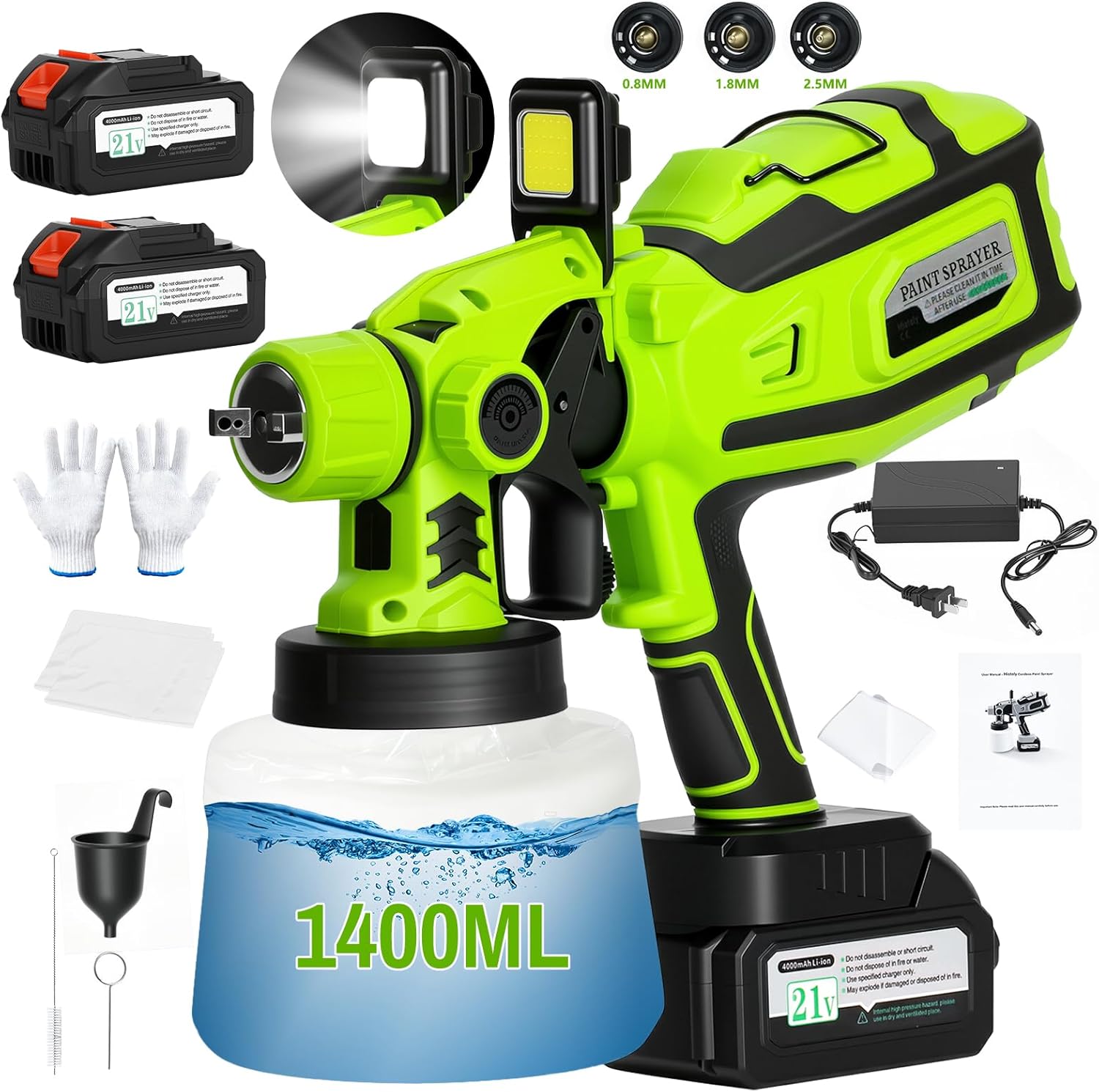 2025 Upgraded Cordless Paint Sprayer w/1400ML Cup & Liner Bags, 2*4.0Ah Battery and Fast Charger, 3 Patterns, Easy to Clean, HVLP Spray Gun for Furniture Cabinets Shed Fence Walls Door Garden Chairs