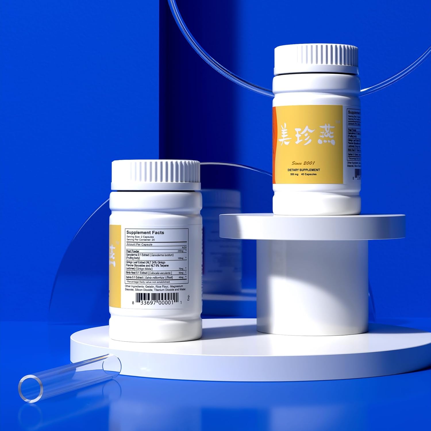 Two uFresh Dietary Supplement bottles on a white and blue background, one showing the Supplement Facts panel and the other its front label.
