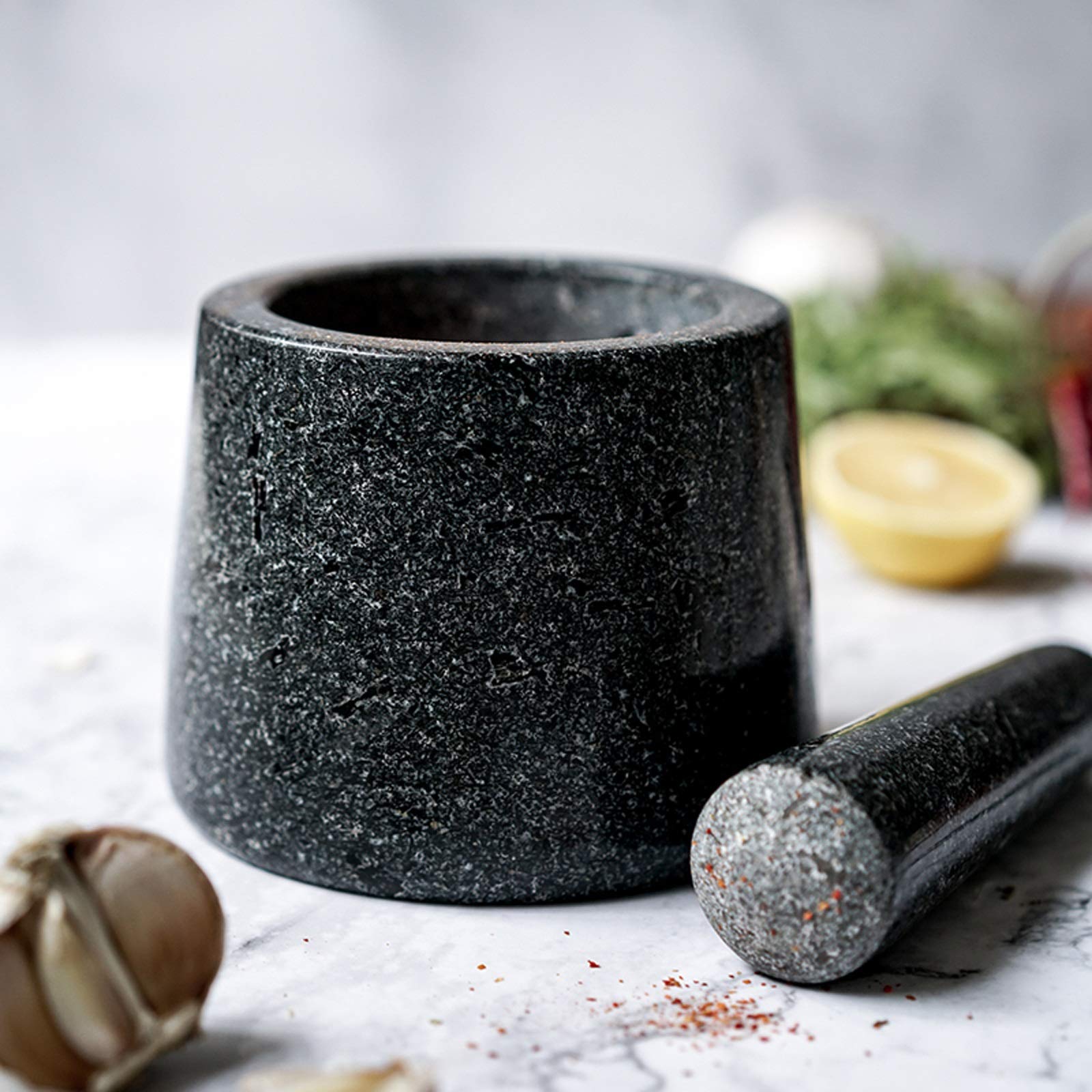Knoblauchpresse Edelstahl Mörser und Stößel Set 5,5 Zoll Natürlicher Granit Grinder Spice Herb Grinder Pill Crusher Knoblauchzerkleinerer