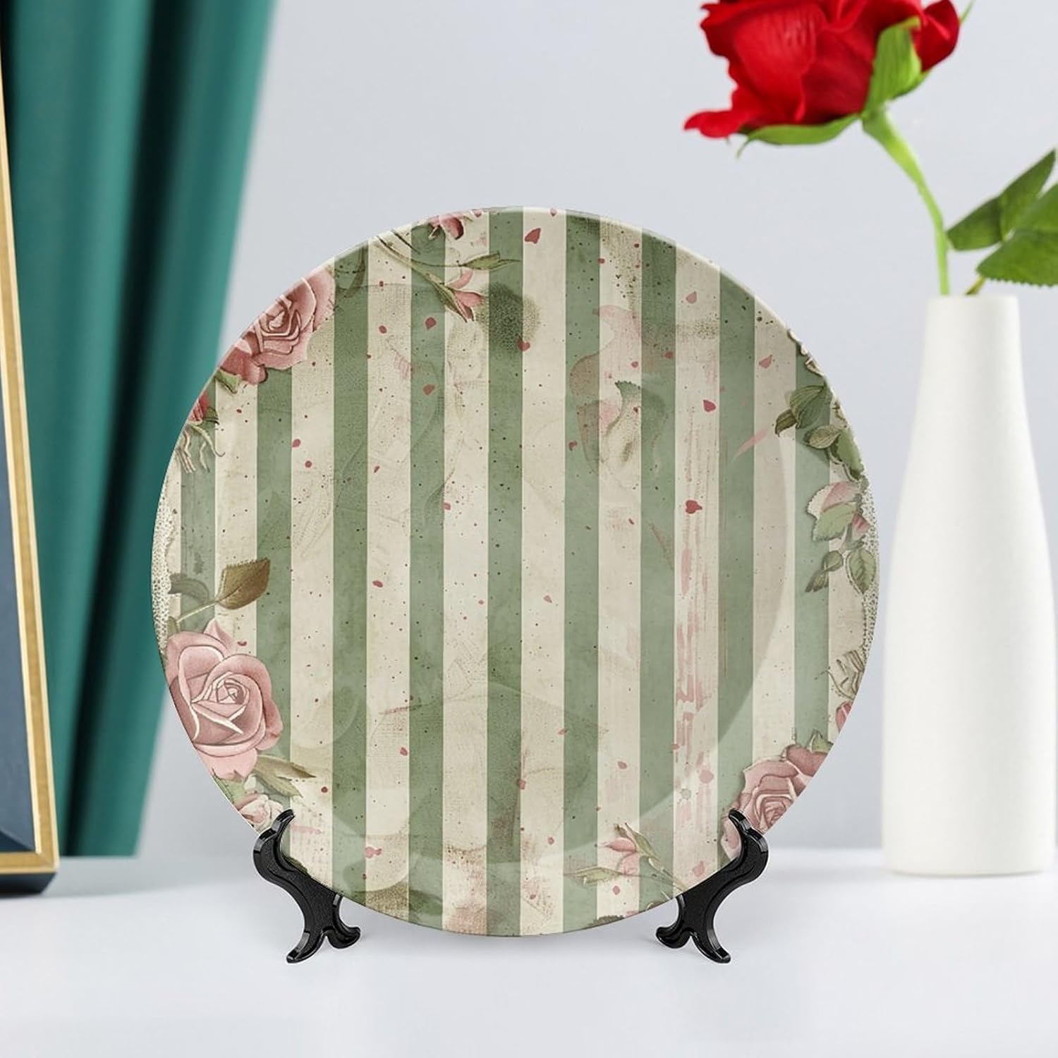 Bone China Decorative Plates Roses And Green Plants Ceramic Decorative Plate Wall Decor with Display Stand Ceramic Ornaments for Wall Hanging Decoration