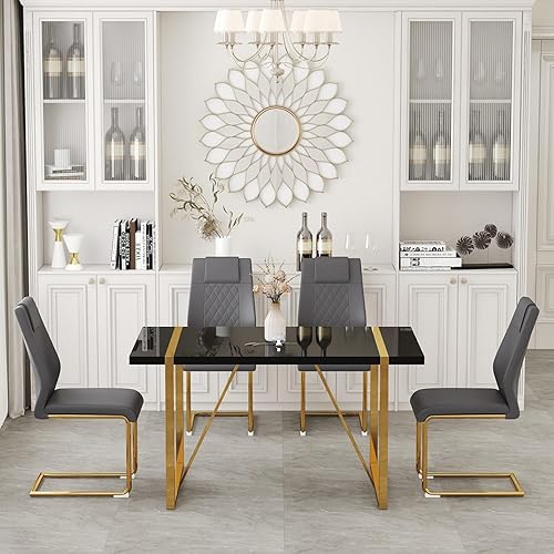 Miniatura 28 de Moderno juego de mesa de comedor para 4, juego de mesa de comedor dorado de 55 pulgadas con 4 sillas de piel sintética negra, mesa de madera negra