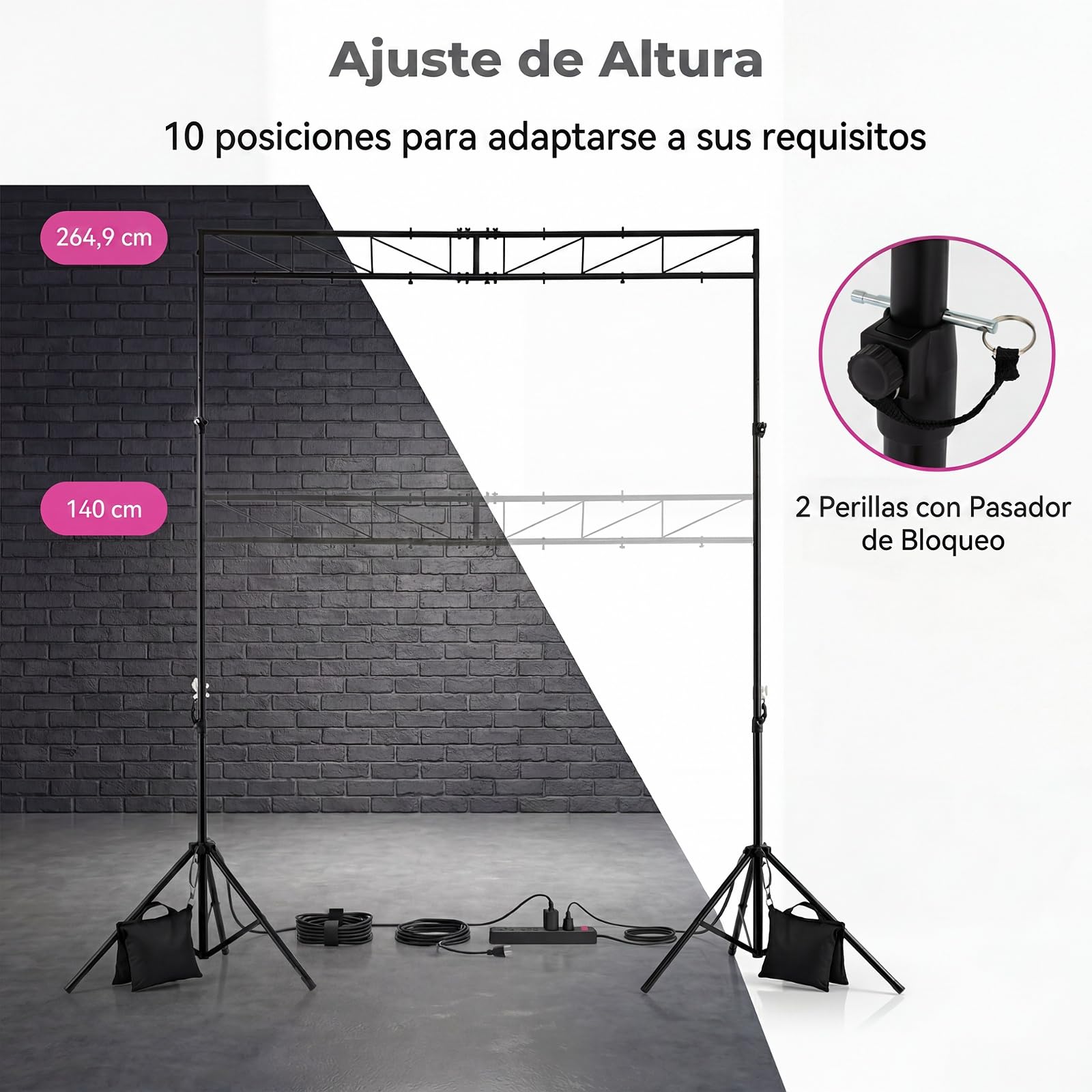 GYMAX Soporte de Focos de Metal Portátil, Soporte de Luz con Altura Ajustable 140-265 cm, 2 Trípodes Plegables y 12 Puntos de Montaje, Sistema de Iluminación Profesional para DJ Bandas Espectáculos