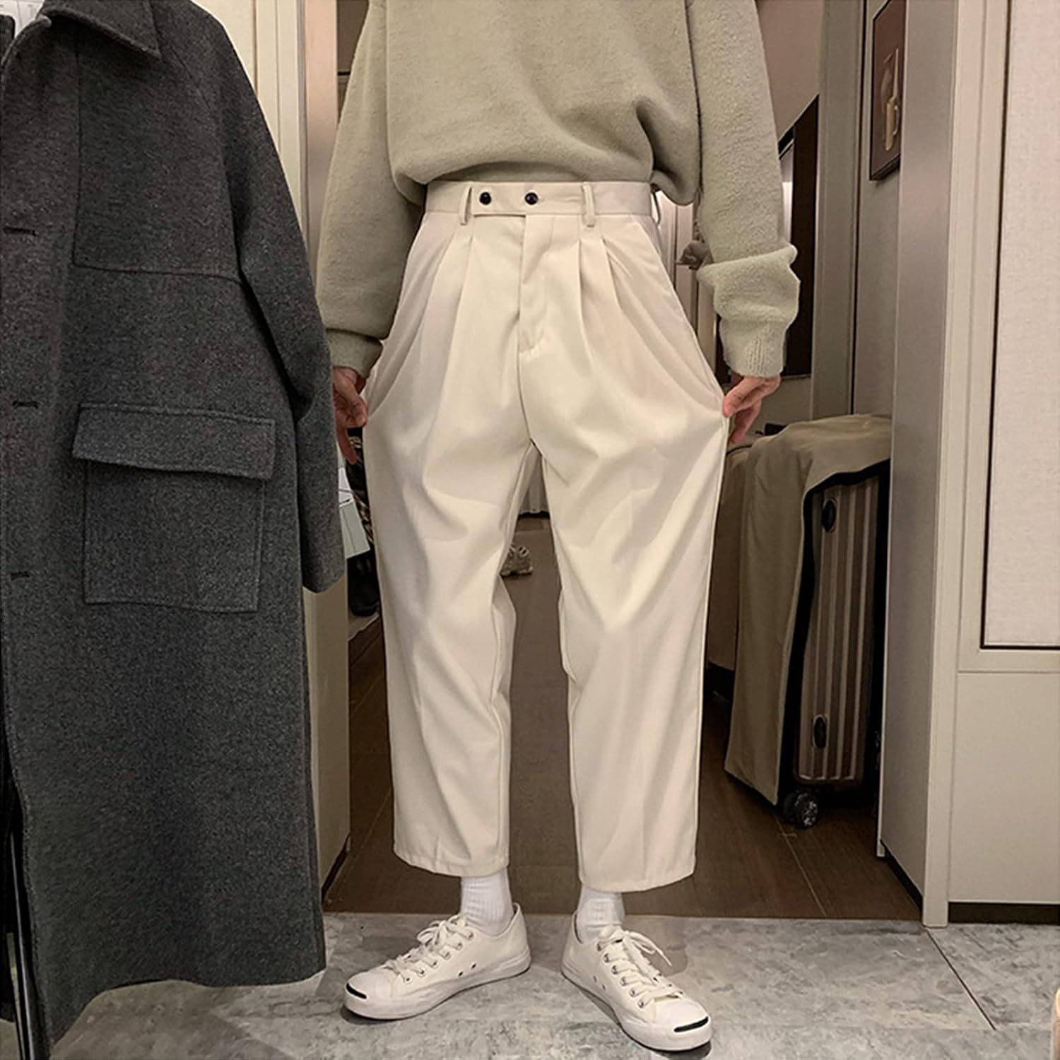 Men Straight Barrel Vintage Crop Suit Pants Comfort Classic Fit Pleat Front Pant Hidden Expandable Waist Pant