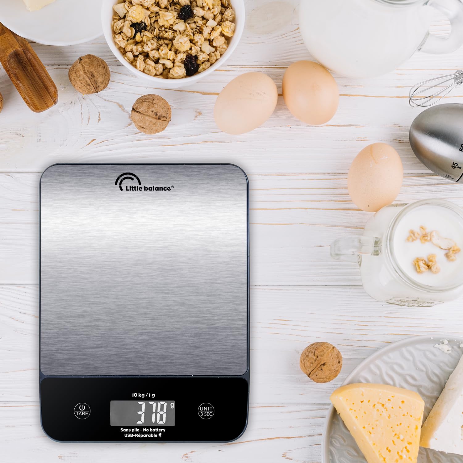 LITTLE BALANCE 8711 Happy Genius 10 Iox, Bilancia da cucina senza batteria, ricaricabile USB, riparabile, 10 kg, acciaio inox