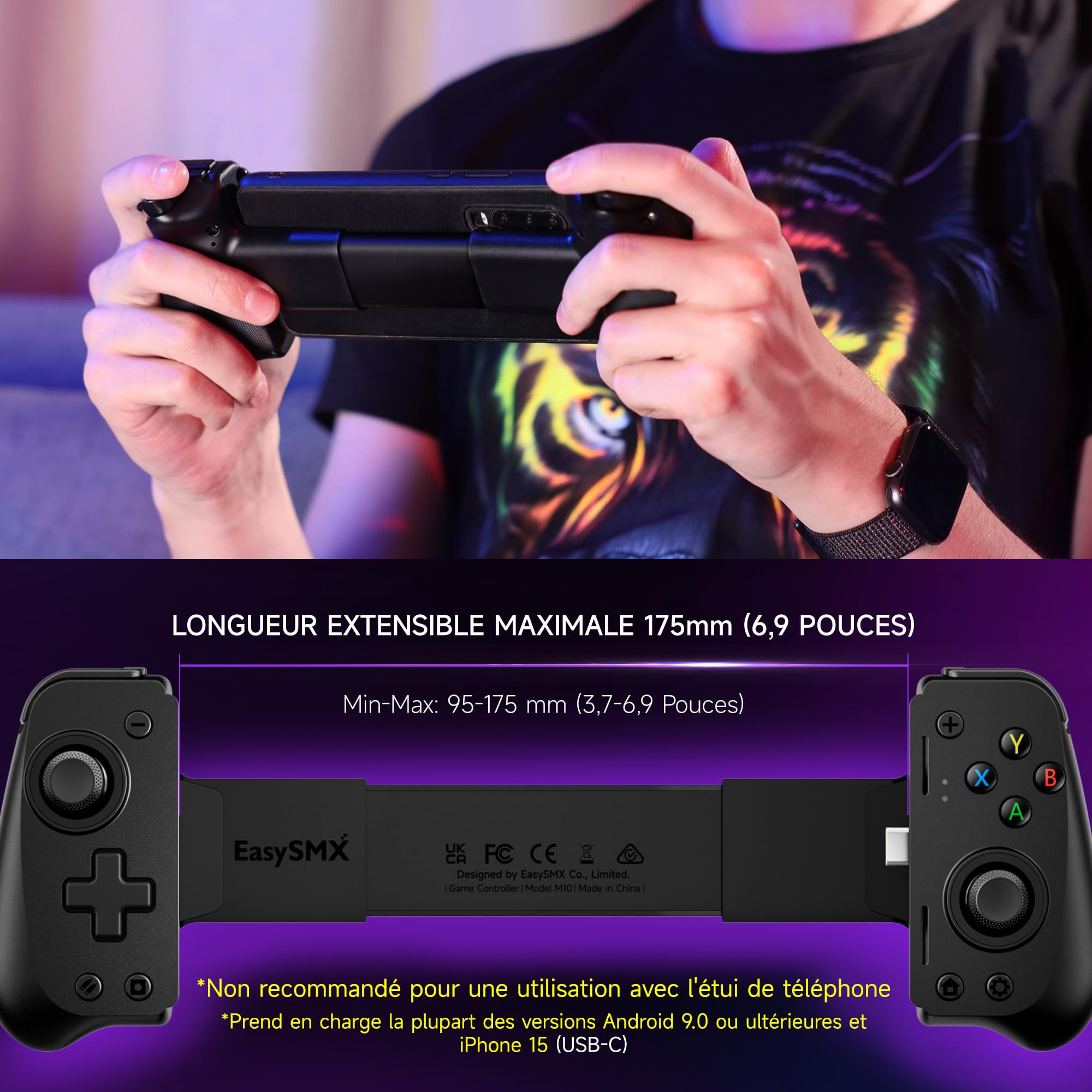 EasySMX M10 Manettes de Jeu pour Téléphone Portable Android & iPhone 15 (USB-C), iPhone 15 Manette Smartphone, Manette Téléphone avec Joysticks/Déclencheur à Effet Hall