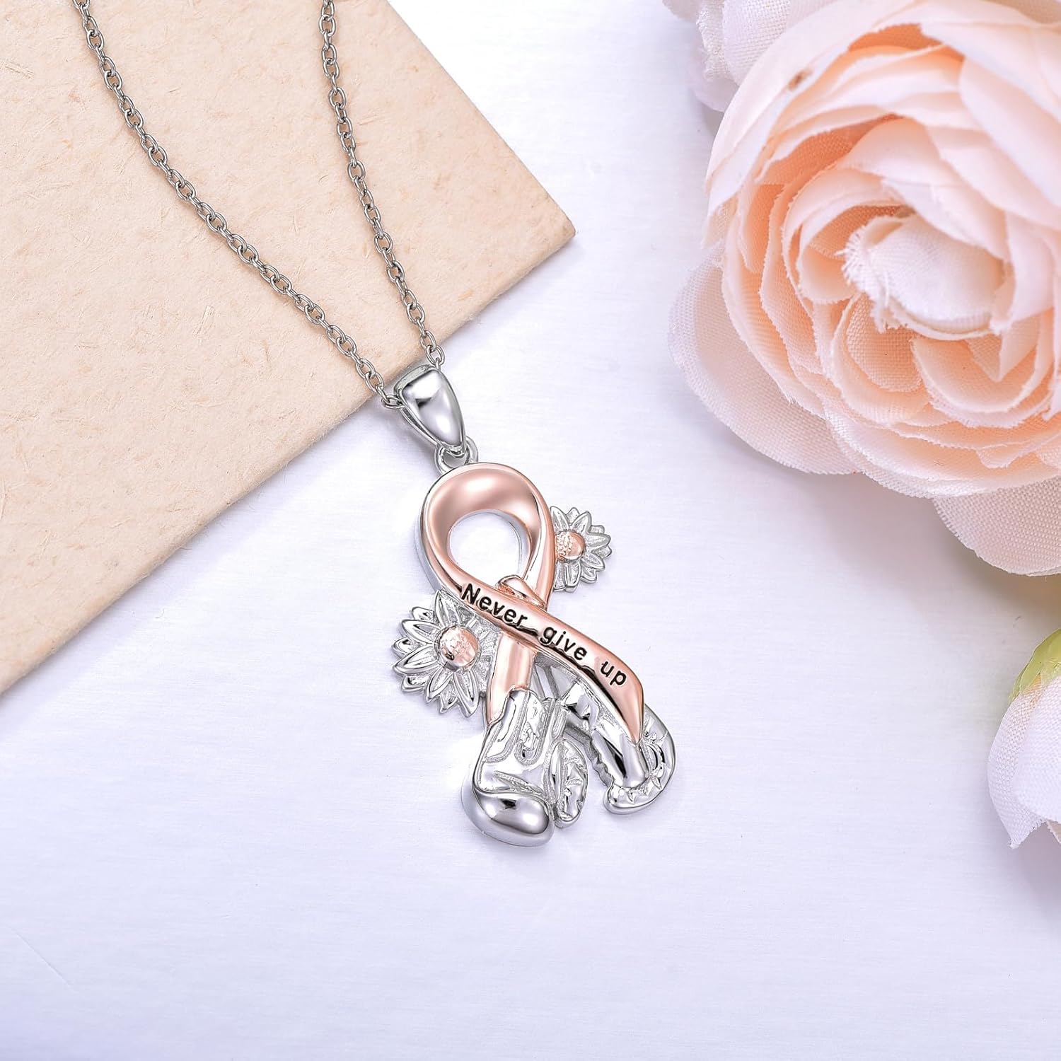 Breast Cancer Gifts for Women Pink Ribbon Necklace 925 Sterling Silver Breast Cancer Awareness Jewelry Survivor Gifts - Image 2