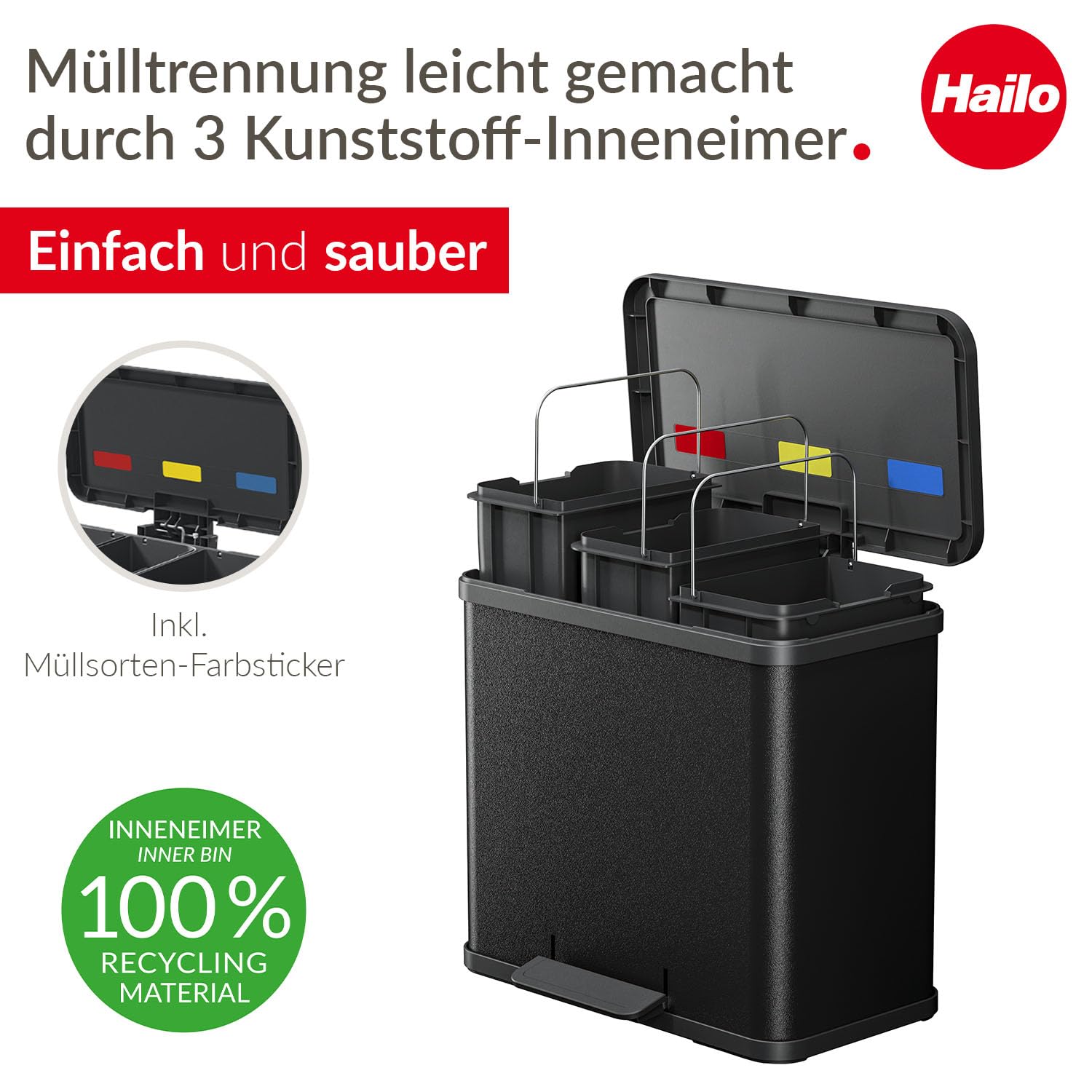 Hailo OKO Trio Plus 0633-260 Pedal Waste Separator Kitchen Trash Can with 3 x 9L Removable Inner Buckets with Soft-Close Lid, Wide Foot Pedal, Multi-Compartment Recycling Bin, Black