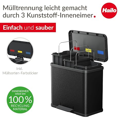 Hailo OKO Trio Plus 0633-260 Pedal Waste Separator itchen Trash Can, Black