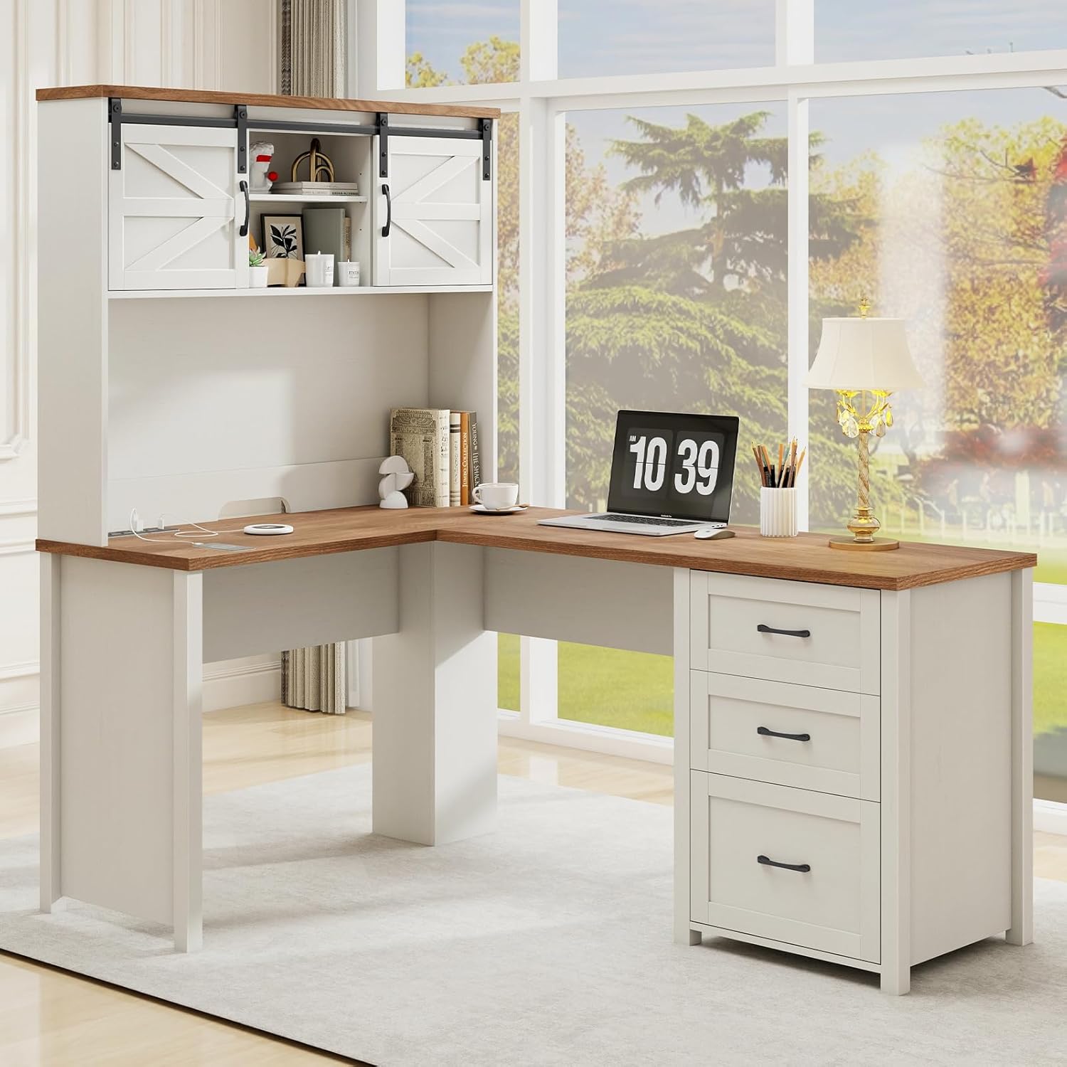 Farmhouse 68"H L Shaped Desk with Hutch,Office Table with 3 Drawers and Sliding Doors, Executive Desk with File Drawers and Charging Station,Workstation for Home Office & Study, Unique White.