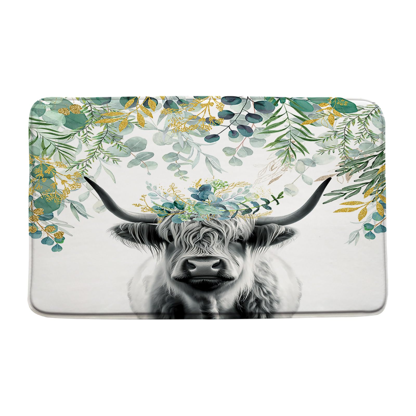 Sunhe Farmhouse Highland Cow Bath Mat Western Farm Animal Green Leaves Longhorn Bull Rustic 17.8