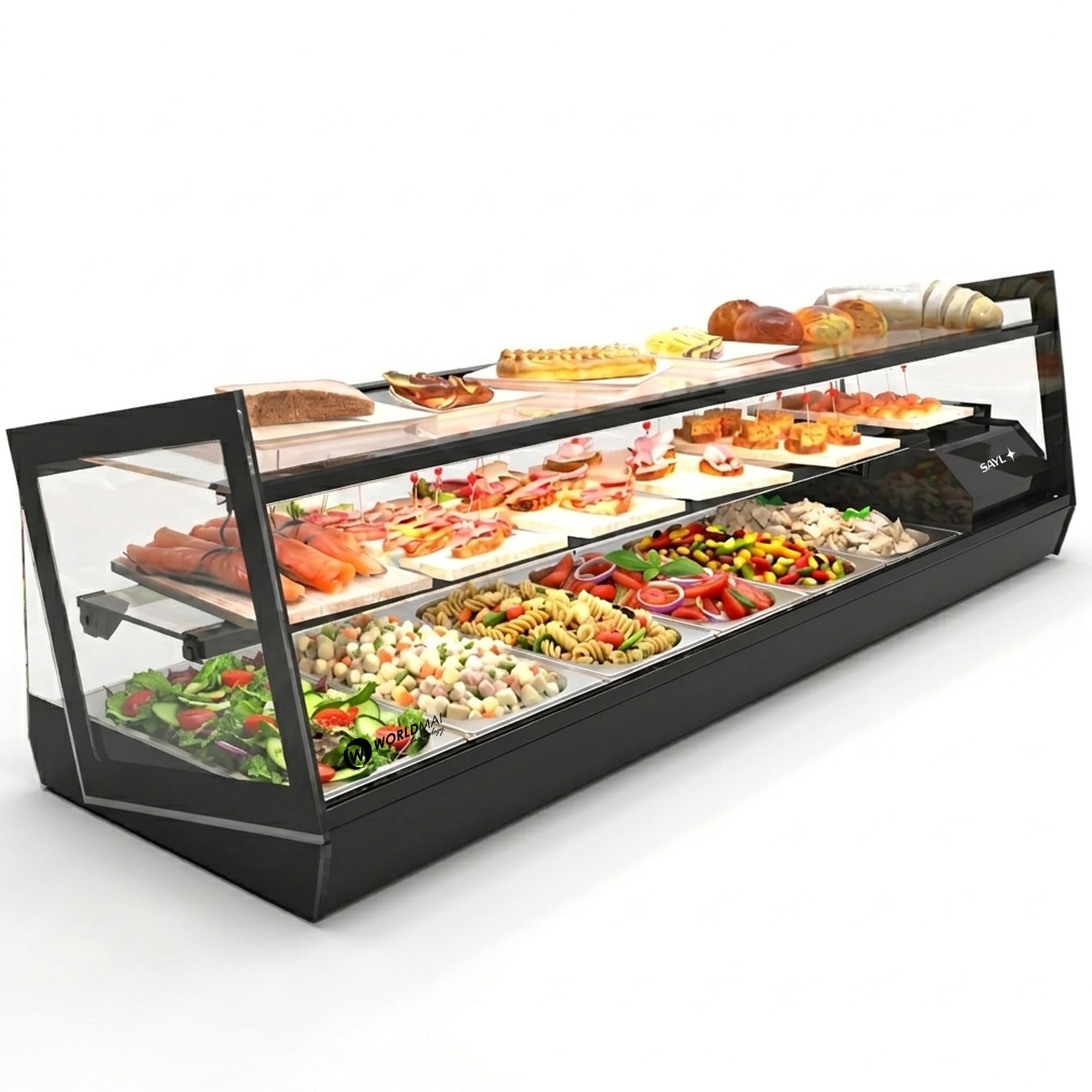 Vetrina con coperchi Kube WORLDMAI x SAYL, 132 x 40 cm, 3 piani e 6 secchi GN 1/3 per alberghi, vetrinetta refrigerata professionale da tavolo con doppia luce LED, per bar e ristorante