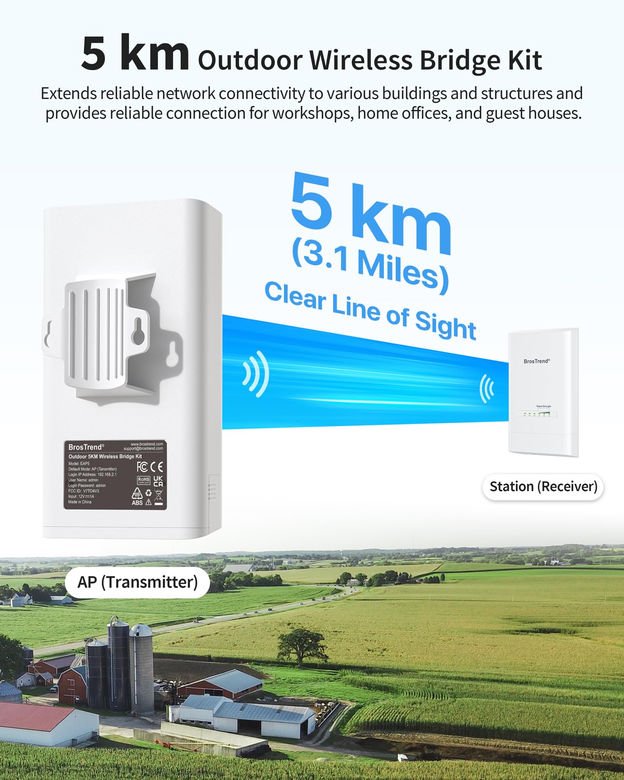 BrosTrend 5KM WiFi Bridge w/ 2X Gigabit Ports, 5GHz 867Mbps Wireless Bridge Outdoor PtP PtMP, Long Range Point to Point Plug & Play, Standard 802.3af PoE & w/Passive PoE Injector, for Garage Building