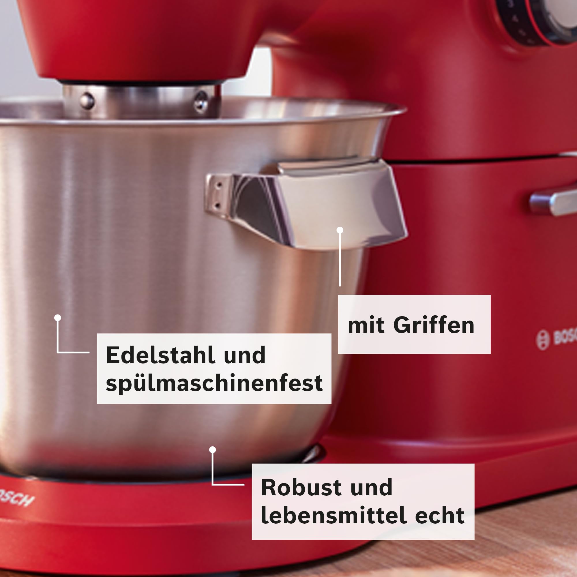 Bosch MUM Seria 8 OptiMUM, wielofunkcyjny robot kuchenny, 1600 W, 7 ustawień prędkości, mikser planetarny do ubijania i wyrabiania ciast, misa ze stali nierdzewnej 5,5 l, kolor wiśniowy, MUM9A66N00