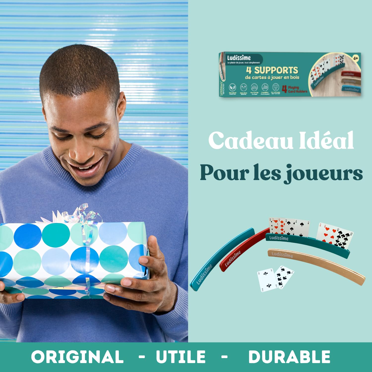 Porte cartes à jouer en bois 34 cm Lot de 4 - Accessoire belote tarot mains libres