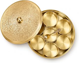 GINI Brass Spice Box with 7 Containers & Spoon, 1kg Traditional Masala Dabba, Round Brass Masala Storage Box for Kitchen, Indian Spice Organizer with Lid, Multipurpose Spice Container