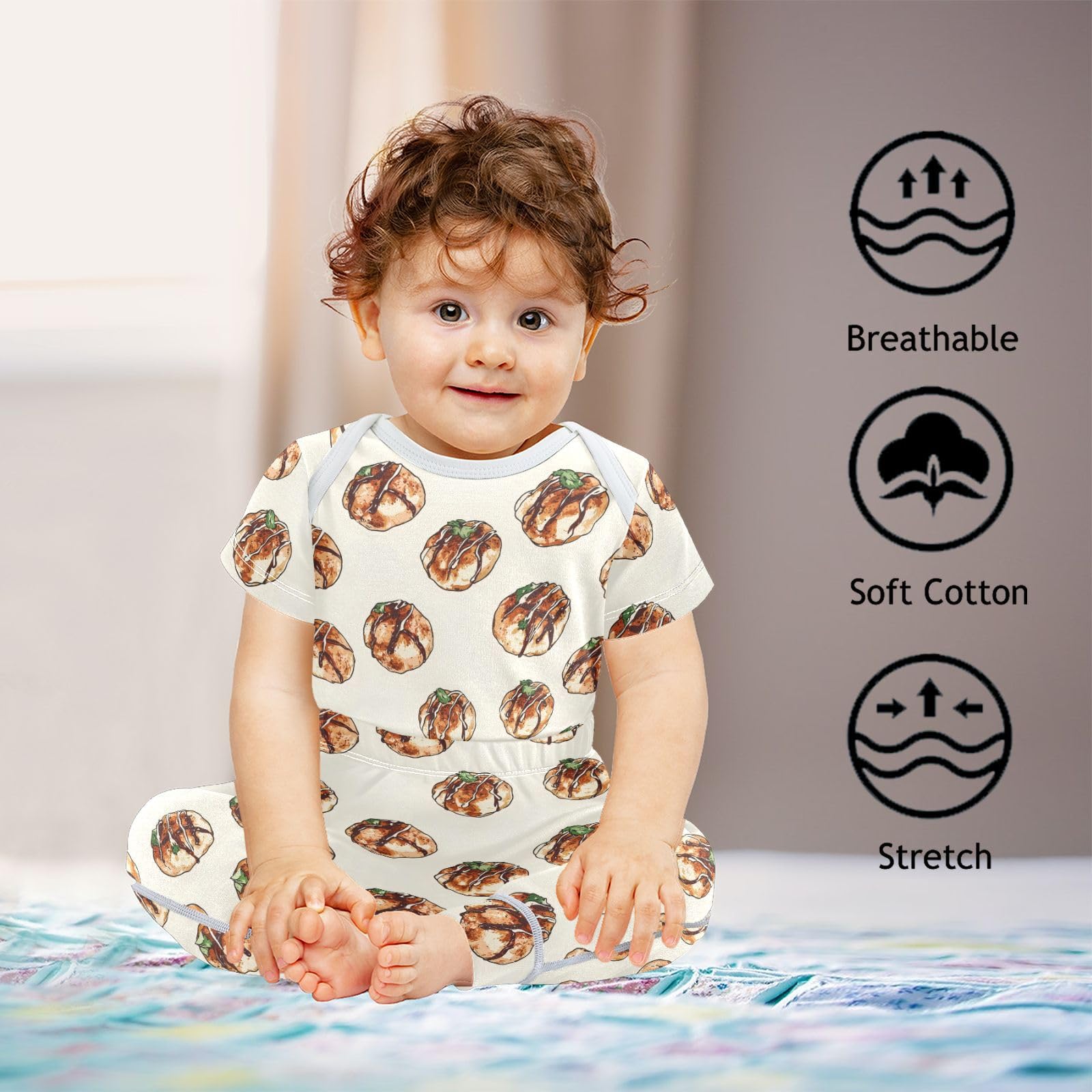 vvfelixl Delicious Takoyaki Baby Bodysuits Set,Baby Layette Sets Unisex Short Sleeve Babys Pants Sets 6-9M