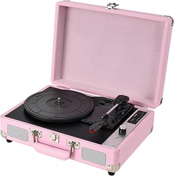 Hododou Vinyl Record Player Portable Suitcase Belt-Driven LP Player Bluetooth USB Recording 3-Speed Built-in Speakers Support AUX-in RCA Line Out Headphone Jack Vintage Turntable Pink