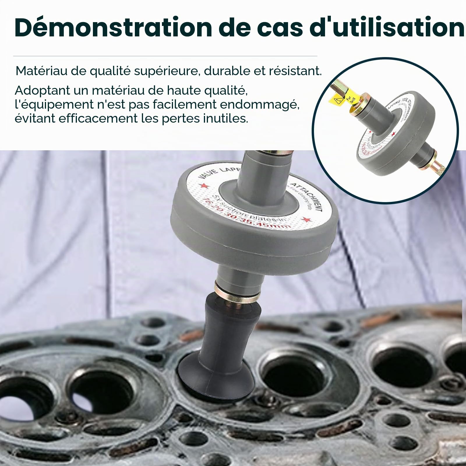 Kit de ponçage de soupape avec pâte de ponçage pour valve, outil de meulage avec 5 adaptateurs à ventouse, outil de ponçage pour siège de soupape, avec anneaux en caoutchouc