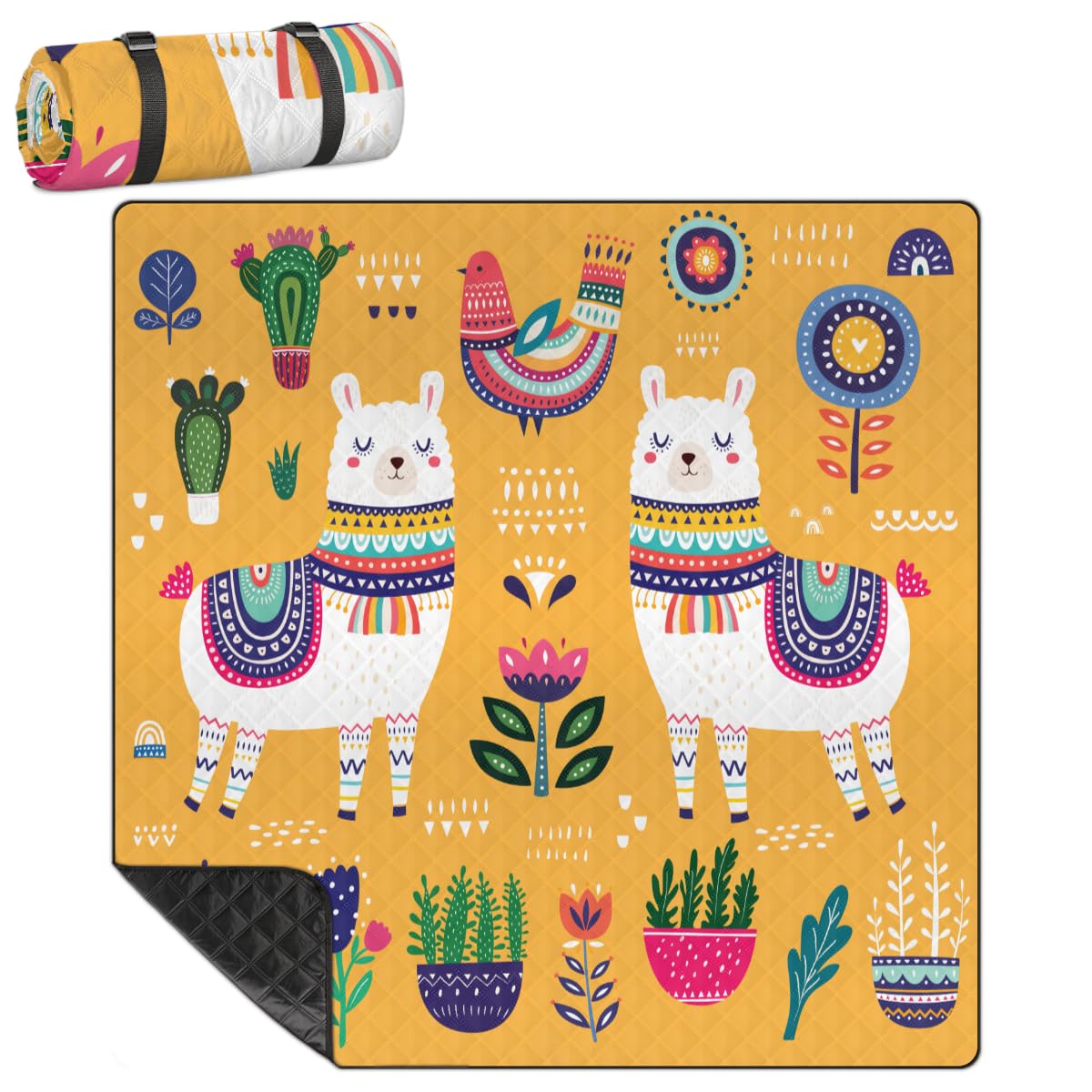 Shimoshe Extra Large Picnic Blankets 79”x 79”, Cactus Flower Bird Alpaca Waterproof Foldable Picnic Mat with Straps Portable Beach Blanket for Camping Park Grass Beach Indoor