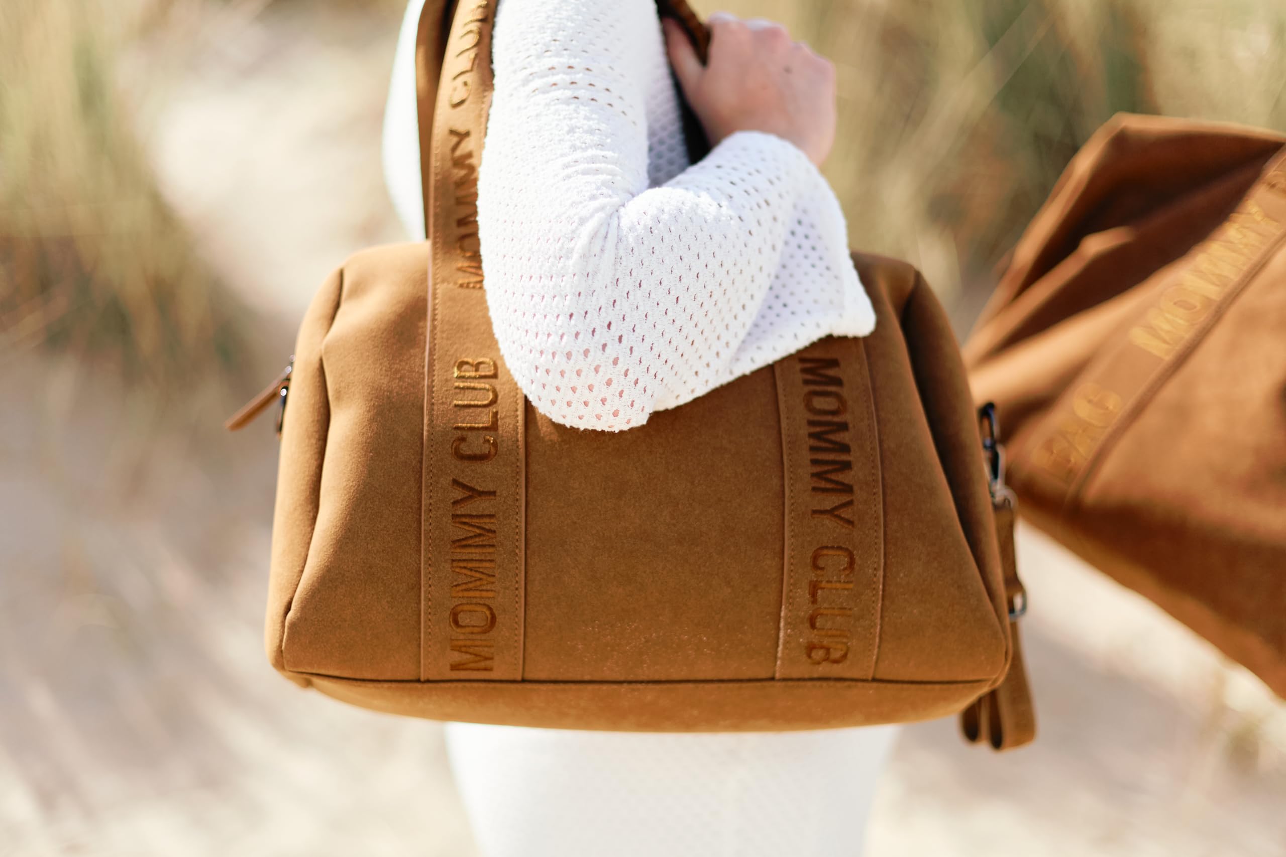 CHILDHOME, Borsa fasciatoio per neonati, Mommy Bag, Materassino fasciatoio incluso, Numerosi scomparti, Agganci per passeggino, Tracolla, Materiale scamosciato, 22 L, Mommy Club Signature, Nocciola