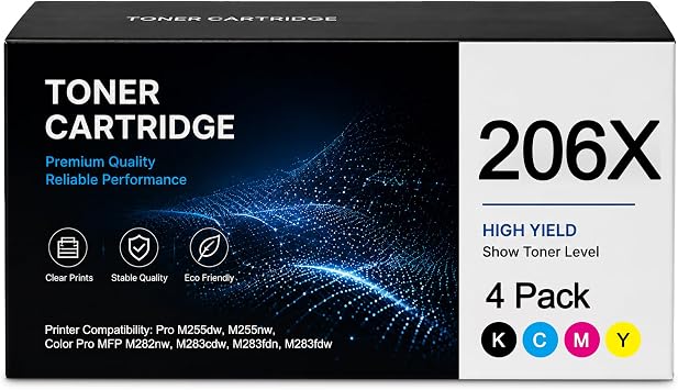 206X Toner Cartridge Set 4 Pack High Yield | Replacement for HP 206X W2110X 206A W2110A Color Pro MFP M282nw M283cdw M283fdn M283fdw M255dw M255nw Printer