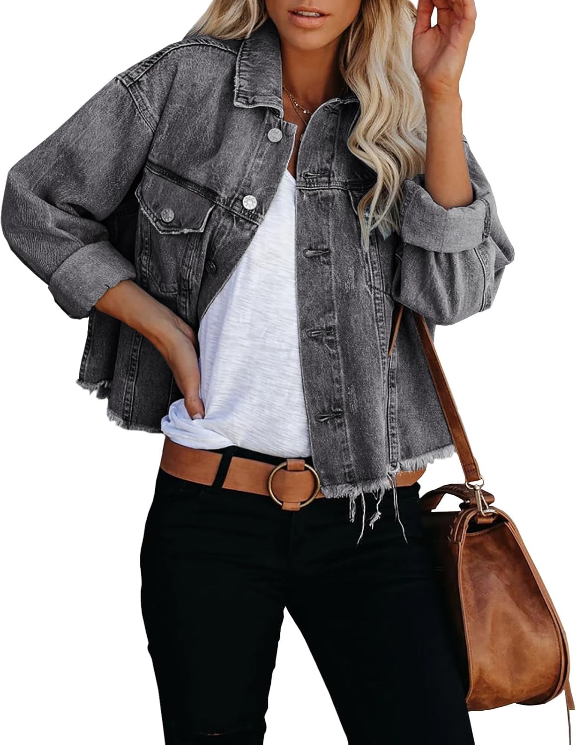 LONGBIDA Women's Jean Jacket Frayed Washed Button Up Cropped Denim Jacket With Pockets