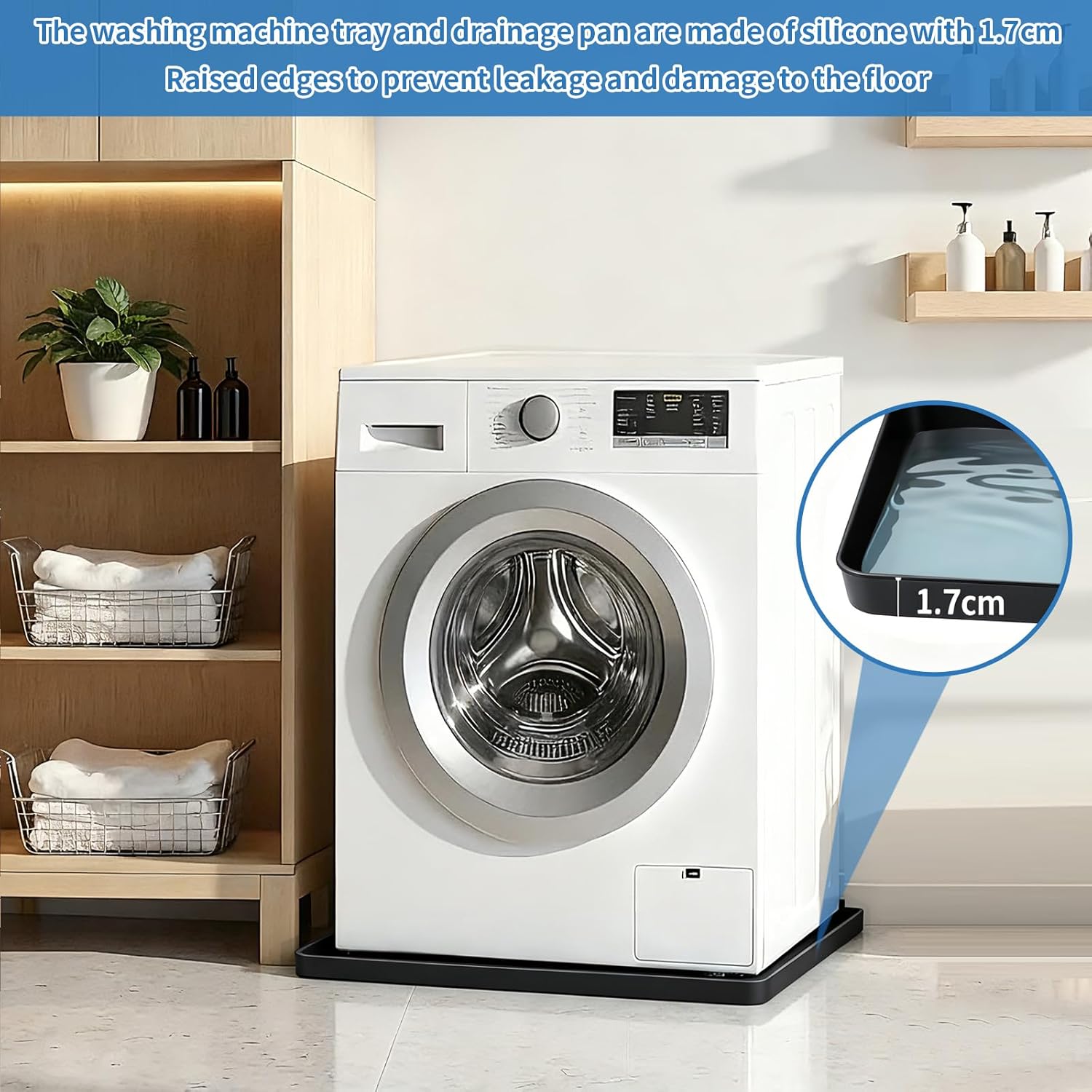 Washing Machine Drain Pan Silicone mat 27"x27" with 0.79" Raised Edges, Leak-Proof Silicone Mat, Non-Slip Waterproof Floor Protector for Washer Dryer (Light gray)