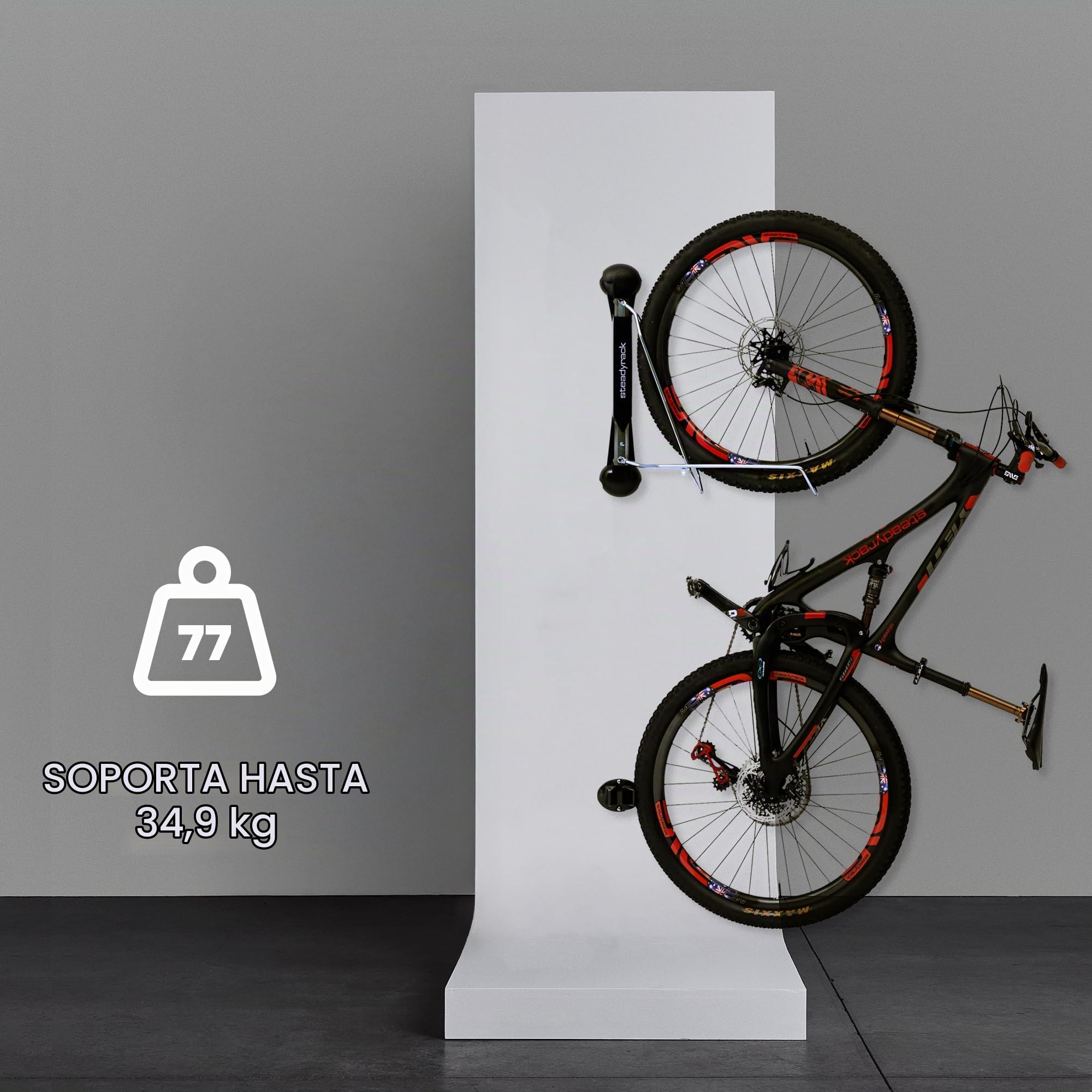 Steadyrack Portabicicletas - Soporte giratorio para bicicleta de montaña, soporta hasta 35 kg, apto para ruedas de 20 a 29 pulgadas y neumáticos de 2,1 a 2,8 pulgadas, montaje en pared plegable para