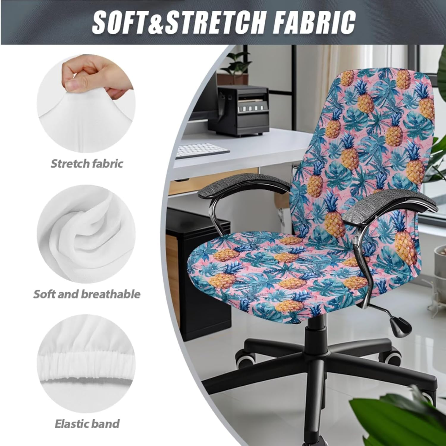 Pineapple Palm Leaf Print 3 PCS Office Chair Cover, Stretchable Desk Chair Seat Protector Modern Rotating Chair Slipcovers Spandex High Back Chair Slipcover with Elastic Bottom-L