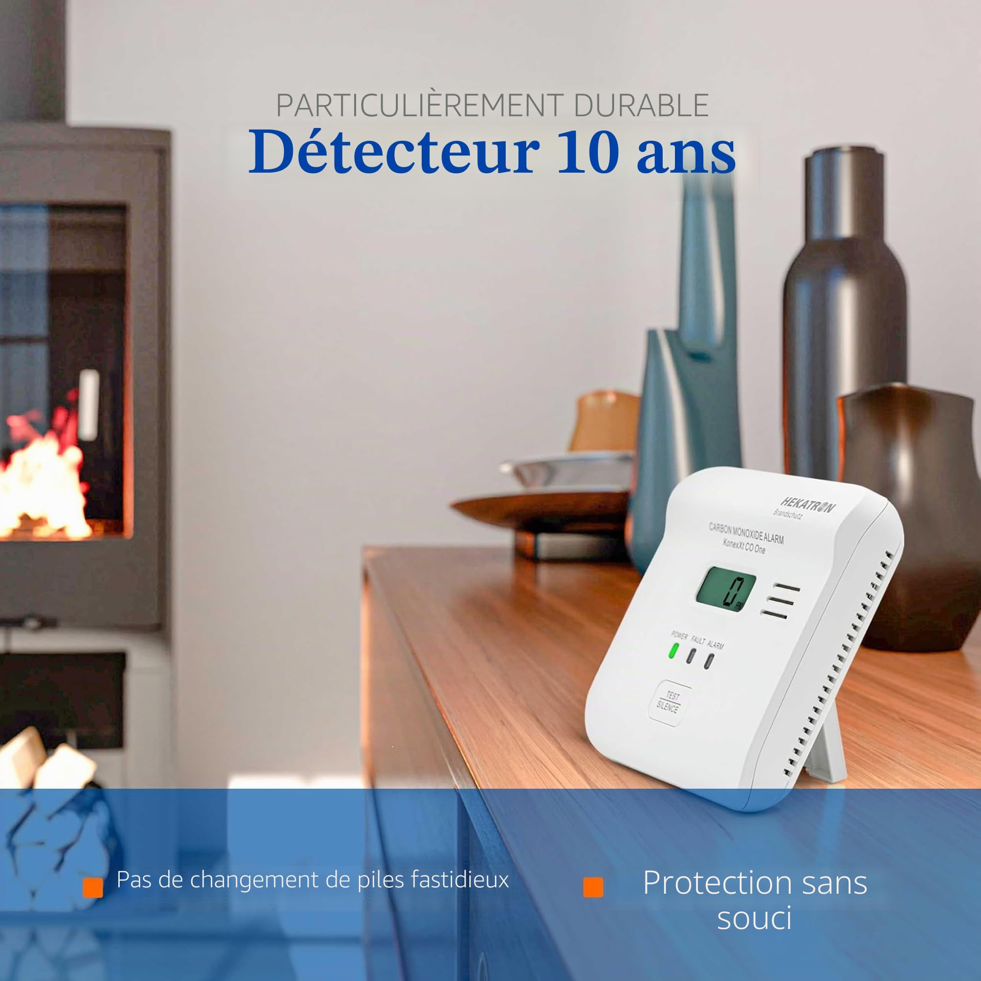 Hekatron KonexXt CO One - Détecteur de monoxyde de Carbone - Batterie 10 Ans - Détecteur de CO avec écran Clair et Bouton d'alarme de Test - Installation Facile