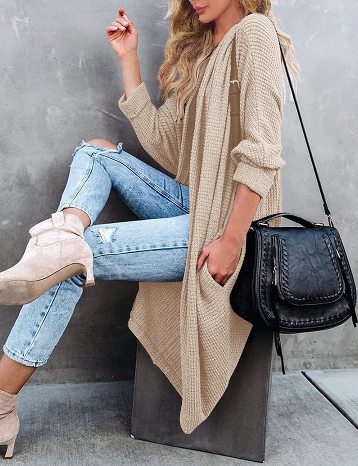 MEROKEETY Women's 2026 Fall Waffle Knit Batwing Long Sleeve Cardigan Loose Open Front Sweater Coat - Image 3