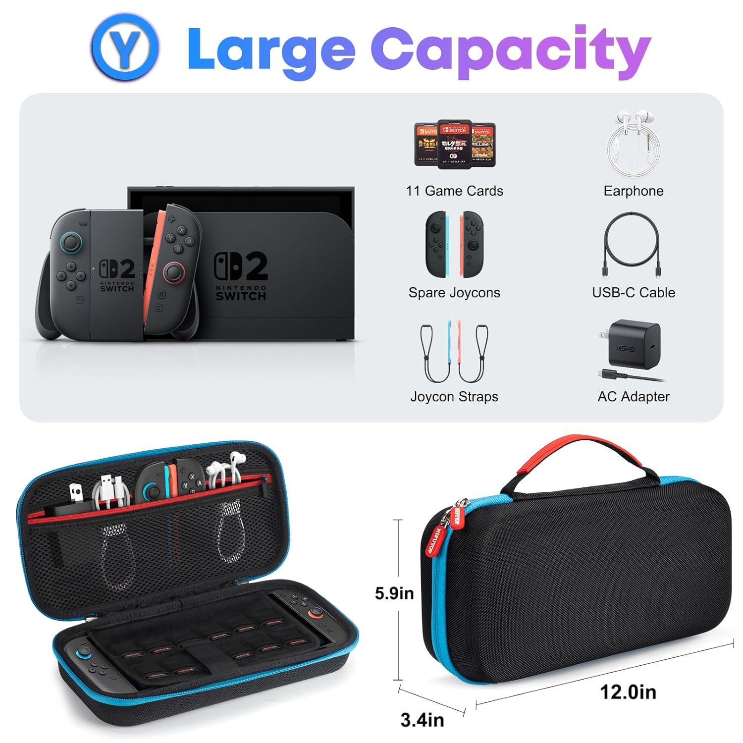 NIFUYOP Carrying Case for Nintendo Switch 2 2025, Hard Travel Case with Game Card Slots Protective Cover, Large Storage Bag for Switch 2 and Accessories - Image 3