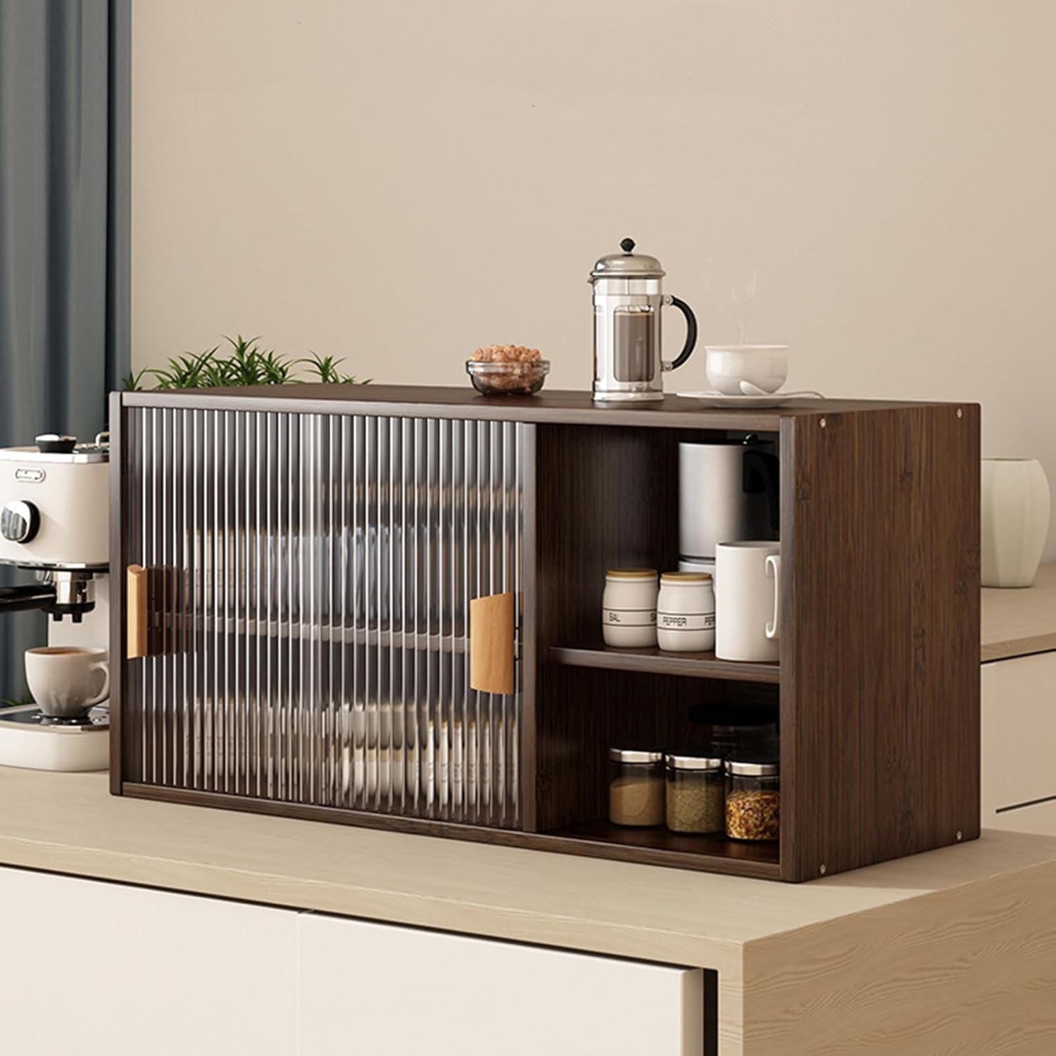 Countertop Kitchen Pantry Cabinet,Bamboo Wall Sideboard with Sliding Glass Doors,Pantry Cabinet for Kitchen, Living Room,Dinning,Bedroom,Walnut,31.5" W