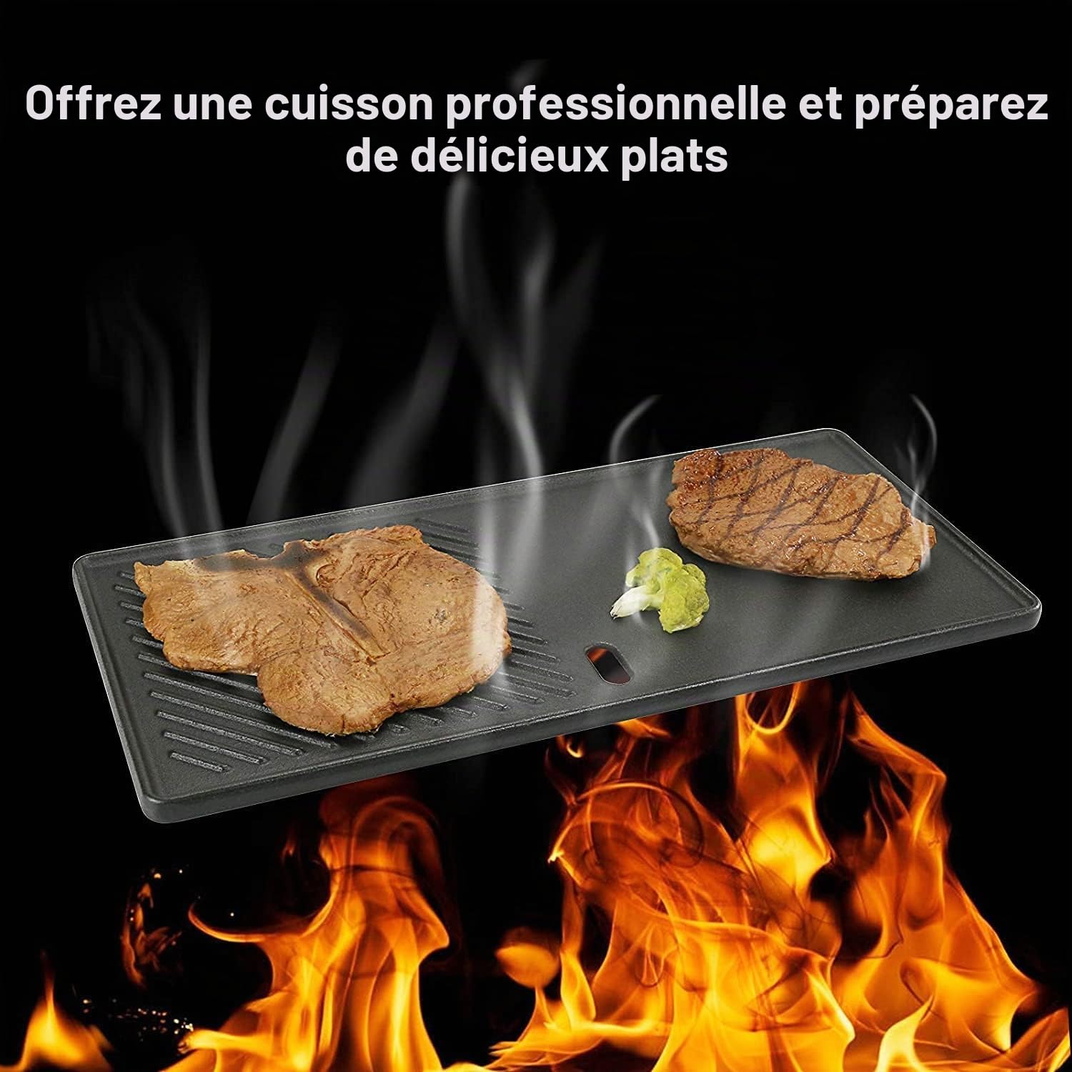 Denmay 20,3 x 43cm Plaque et grille en fonte émaillée pour Charbroil, Enders Boston 4, Enders Monroe PRO 4, Gourmet BBQ et autres grils à gaz, Poêle à griller avec poignée Easy Grip pour feu ouvert