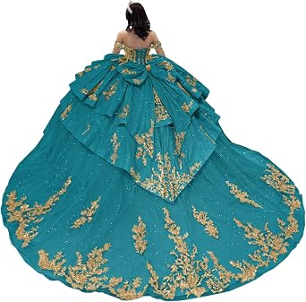 Mouccy Gold Appliques Quinceanera Dresses with Tassels Off Shoulder Lace Sweet 16 Dress with Bow Beaded Ruffle Pageant Gown