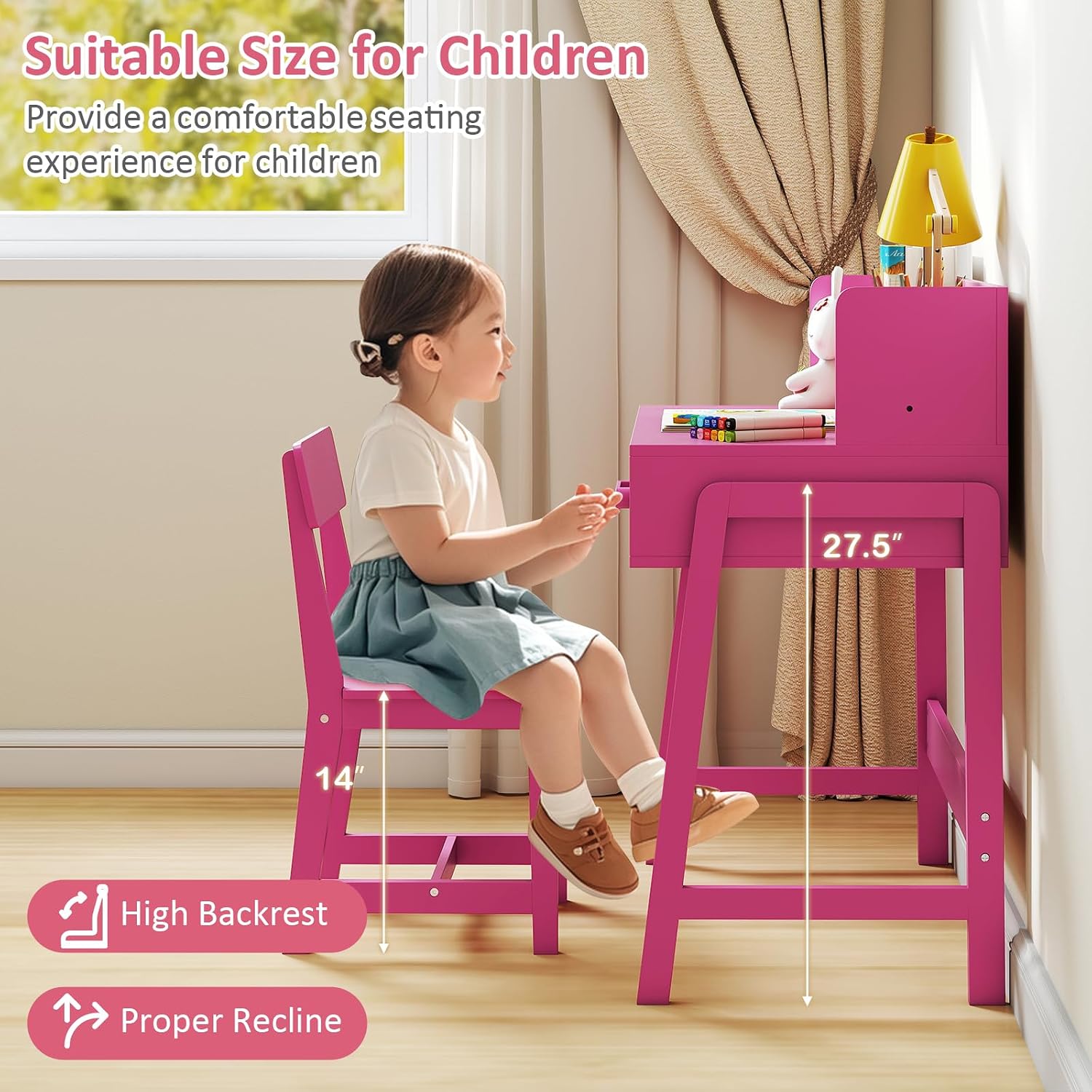 INFANS Table and Chair Set, Toddler Wooden Student Study Desk with Chair Storage Hutch Compartments Drawers for Writing Drawing, Children Furniture for Bedroom School Boys Girls 3+ Years Old