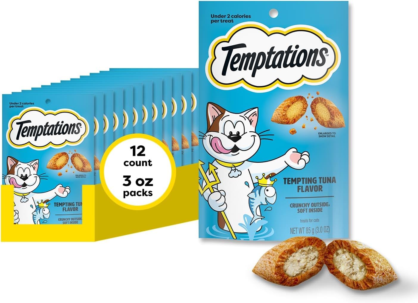 Temptations Classic Tempting Tuna Crunchy and Soft Cat Treats, 3 oz, 12pk | Under 2 calories per treat, crunchy outside & soft inside, 100% complete & balanced, resealable pouch, meal or food topper