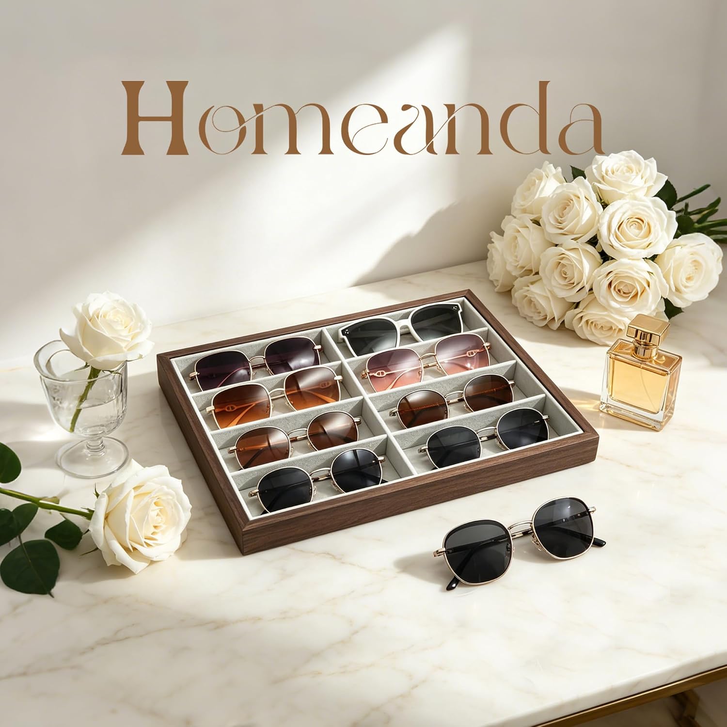 Homeanda Velvet Jewelry Organizer, Stackable 8 Grid Slot Tray, Eyeglasses Watches Display Holder, Clear Drawer Storage Case for Dresser