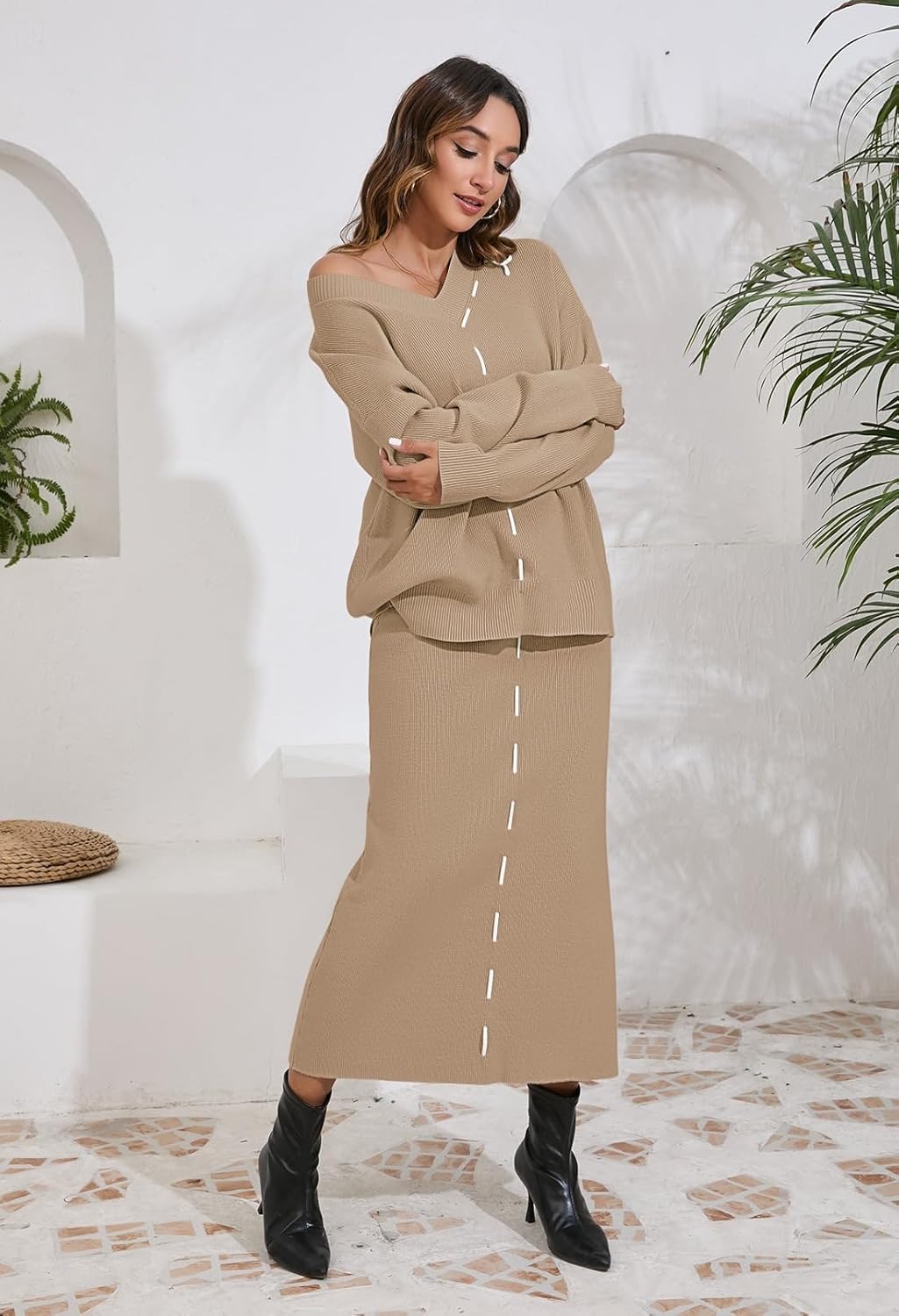 Pink Queen 2025 Women's 2 Piece Sweater Set V Neck Rib Knit Long Sleeve Maxi Bodycon Skirt Casual Outfits - Image 4