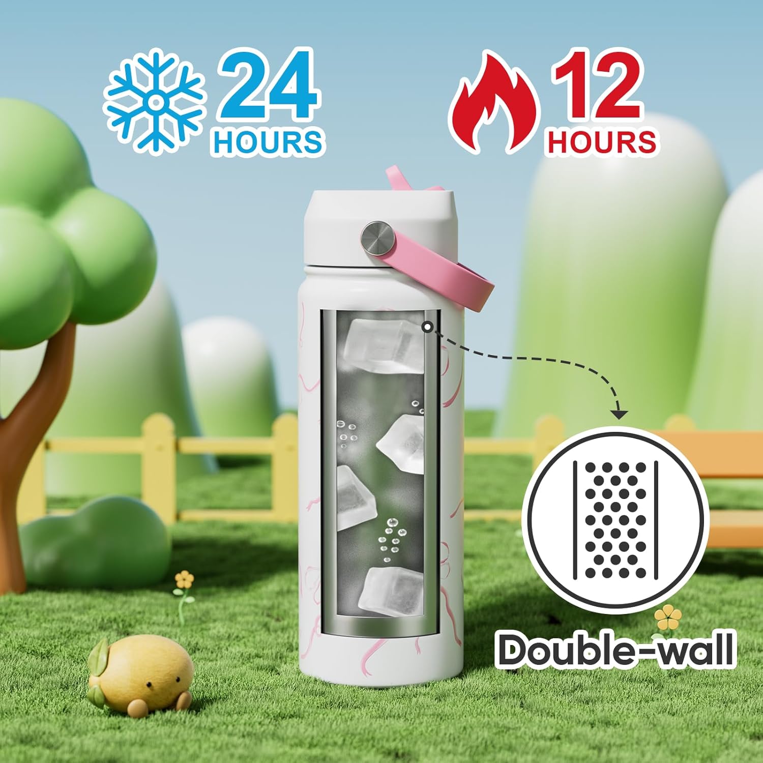 18 oz Pink Bow Water Bottle with Straw, Leak Proof, Insulated Stainless Steel with Handle, Reusable, Metal (Breeze Pink Bow) - Image 5