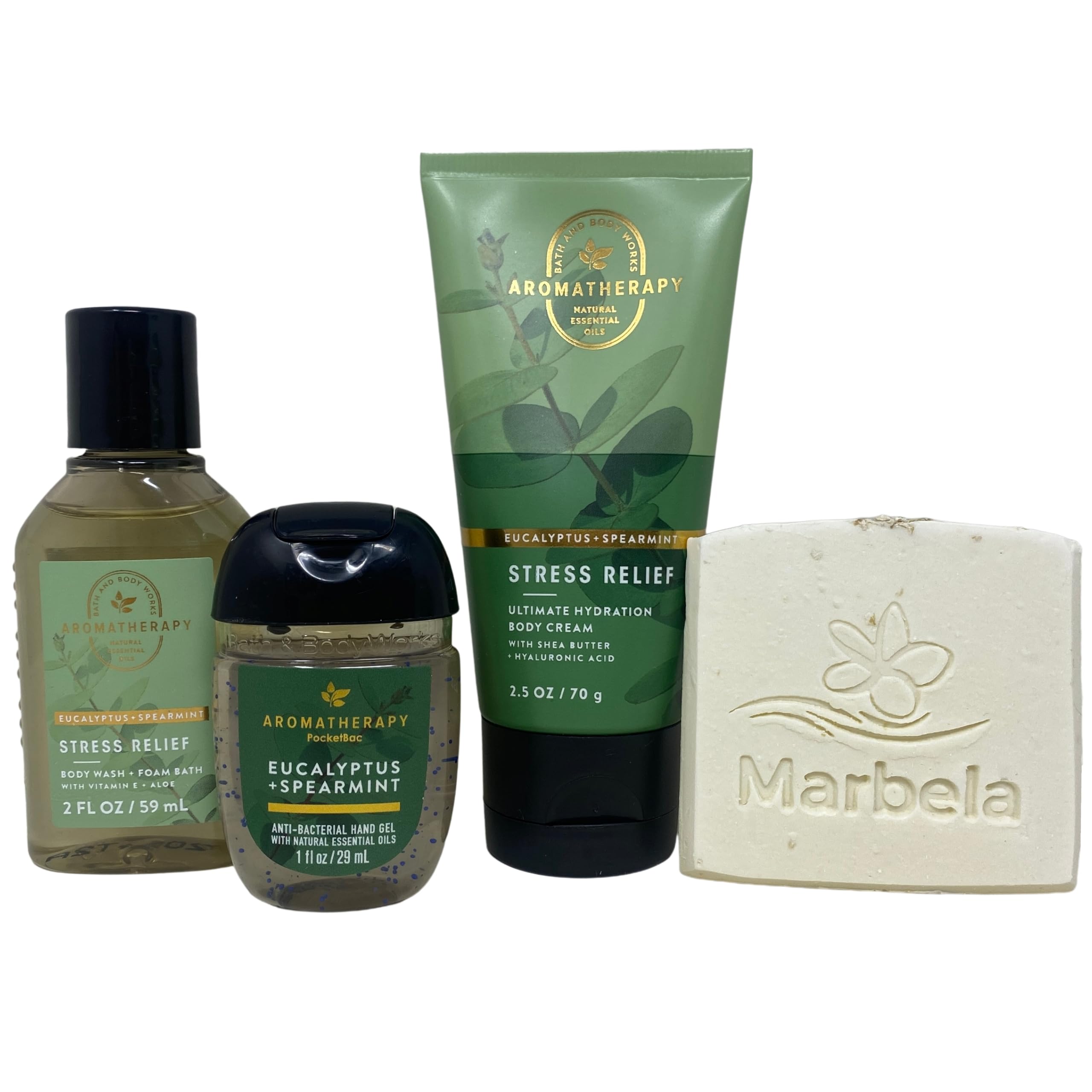 Bath & Body Works Aromatherapy Stress Relief Eucalyptus Spearmint - 3 Pack - Body Cream, Body Wash + Foambath and Hand Gel with a Natural Oats Sample Soap.