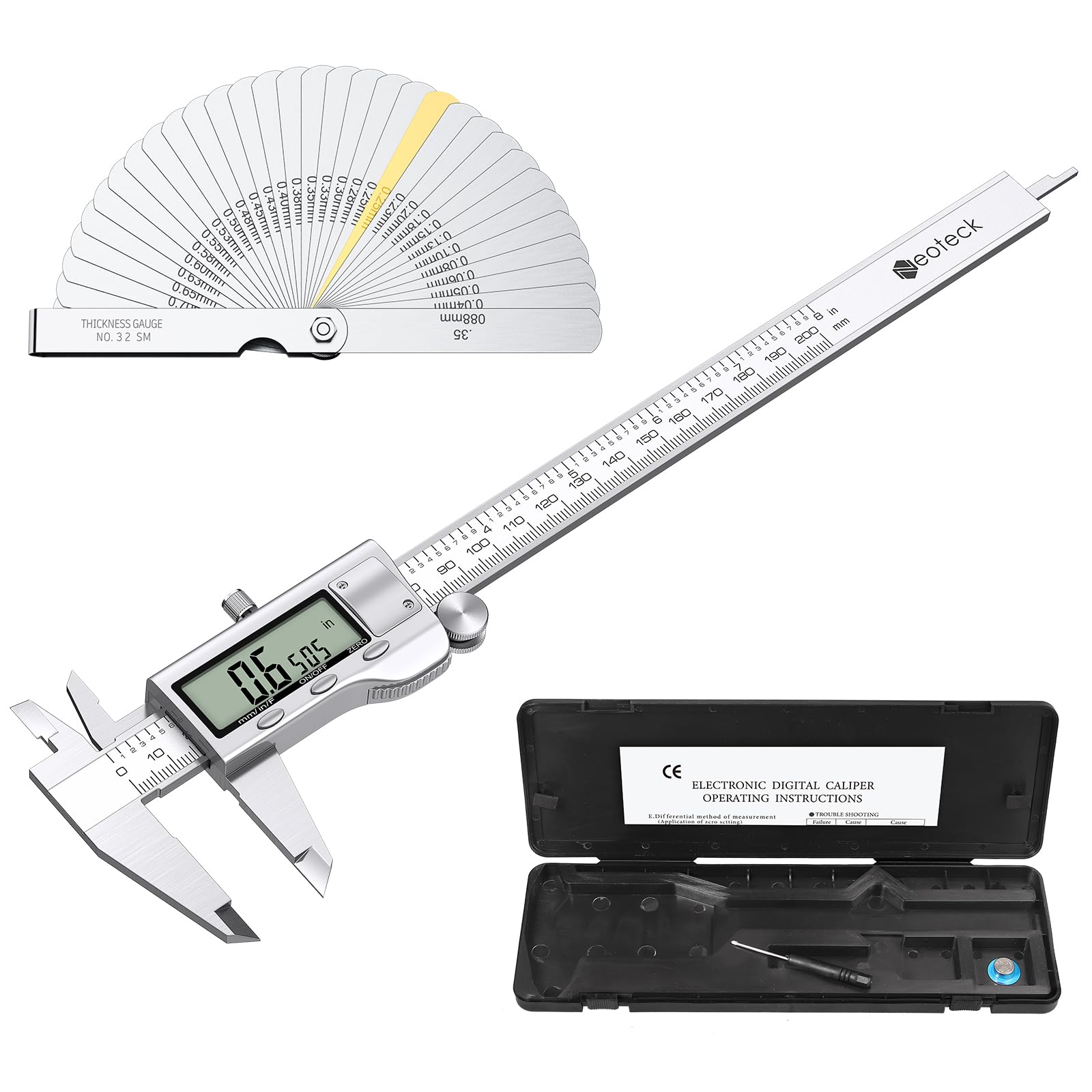 Neoteck Pied à Coulisse Numérique 200 mm en Acier Inoxydable avec 32 Lamp Jauge d’Épaisseur Conversion de f/inch/mm avec Grand Écran LCD Caliper VernierMesure de Diamètre, Calibre Profondeur
